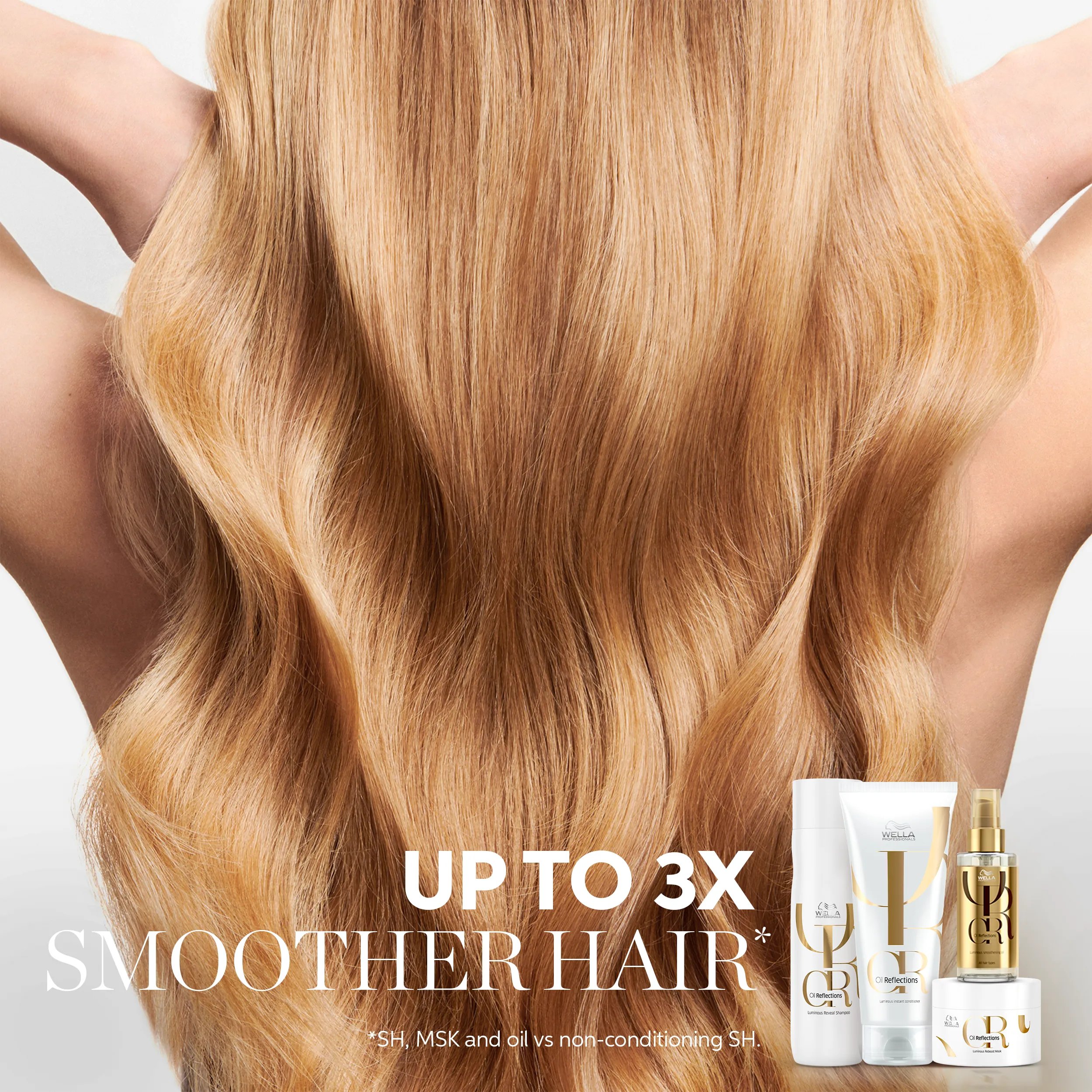 Woman with long, wavy blonde hair faces away from the camera. Hair looks healthy and shiny. Text reads up to 3x smoother hair.