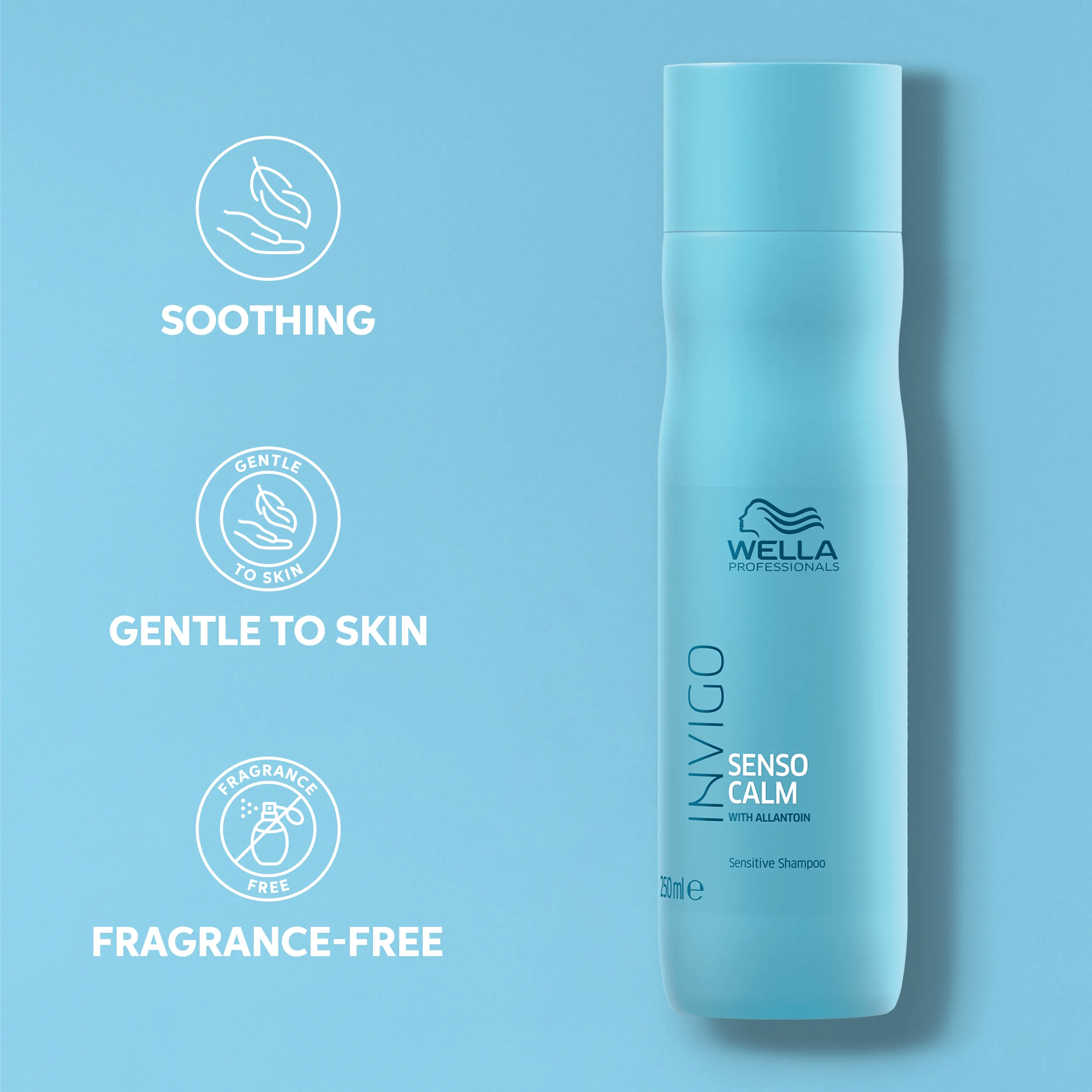 Pack of Invigo Senso Calm Sensitive Shampoo with text highlighting its benefits: soothing, gentle to skin, and fragrance-free.
