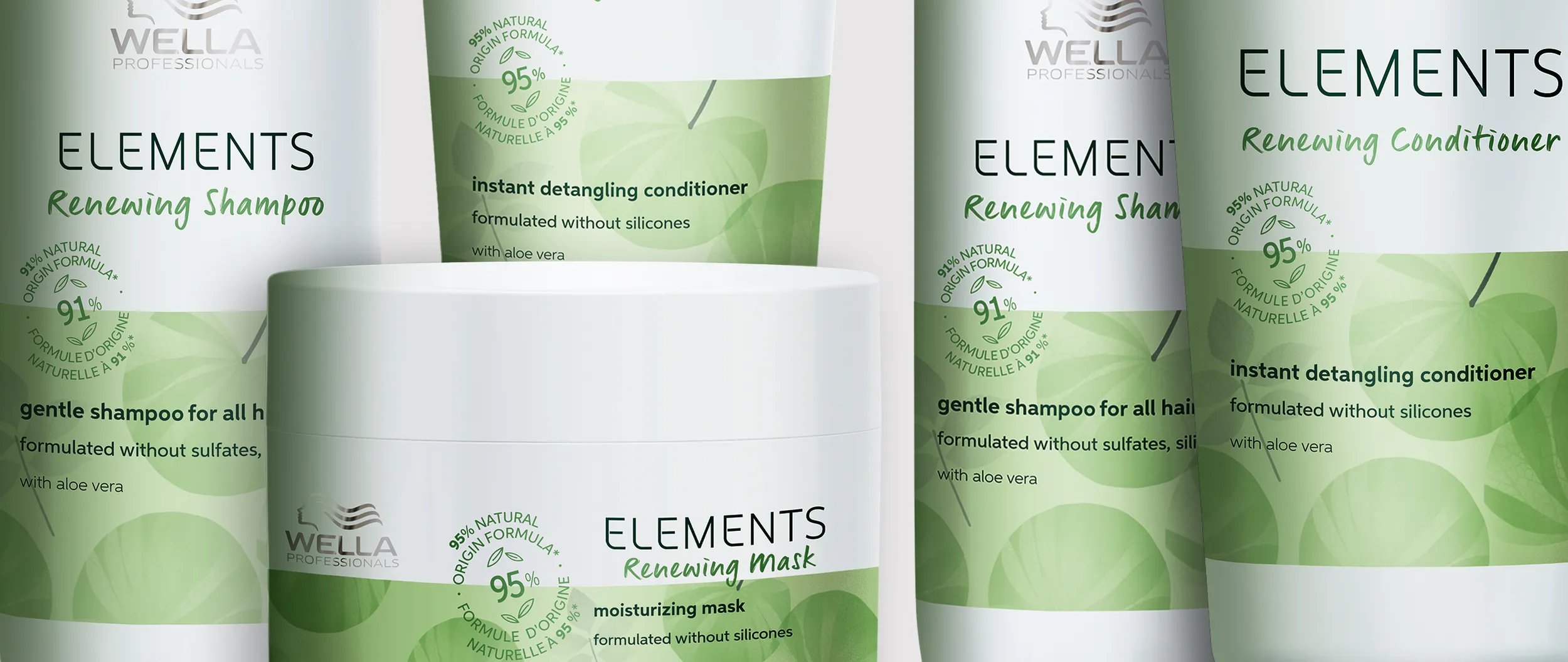 Wella Elements Renewing shampoo, conditioner, and mask product shots.