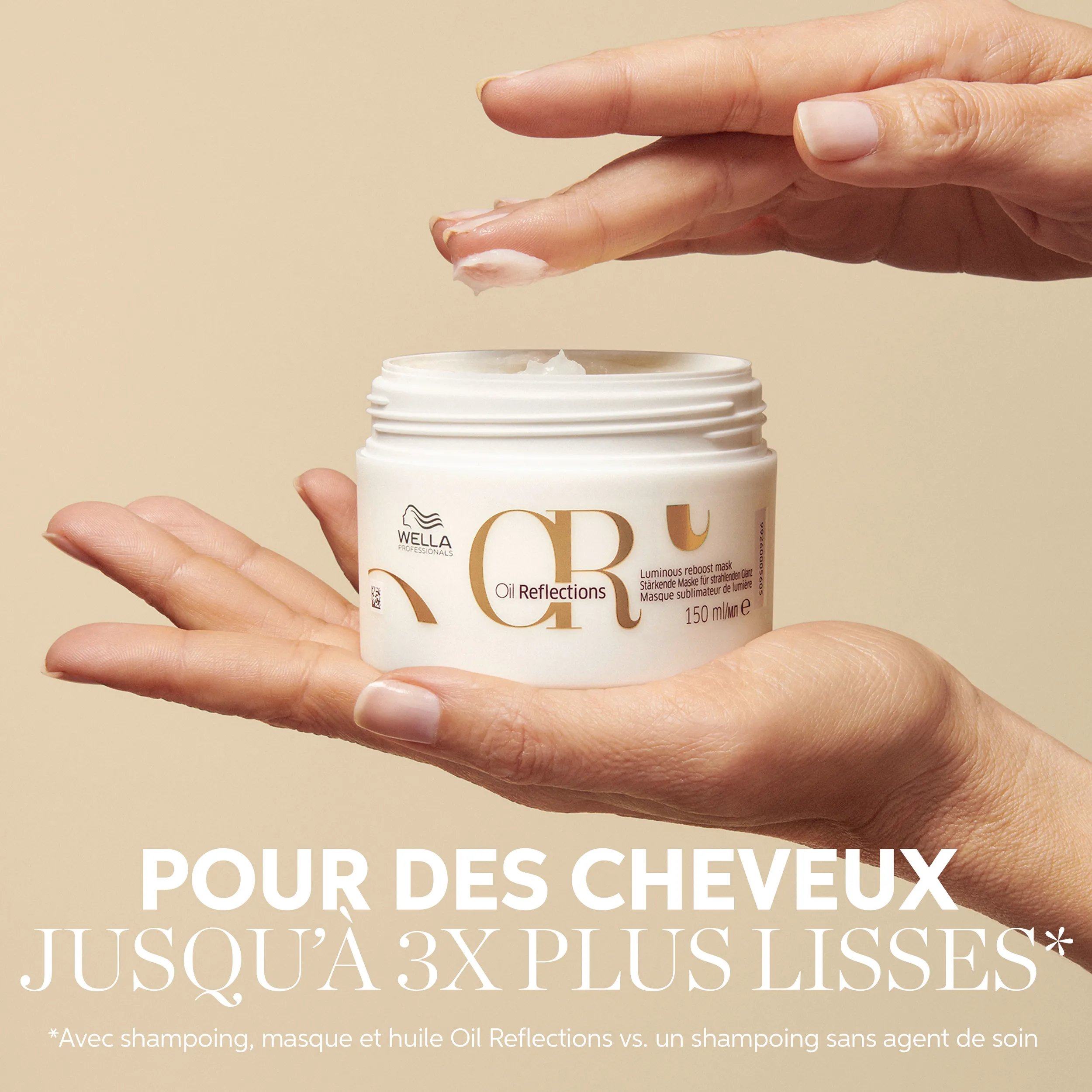 Photo de produit de l'huile lissante Oil Reflections de Wella Professionals. Le texte indique : douceur, brillance, anti-frisottis, cheveux doux.