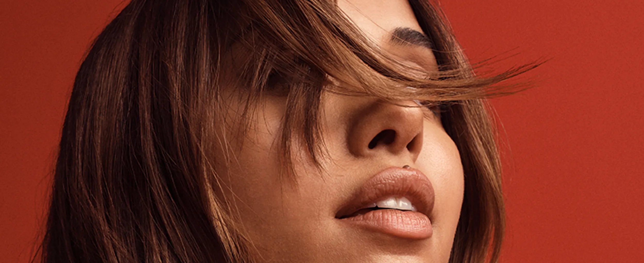 Close up of model's face with brown hair against a red background. 