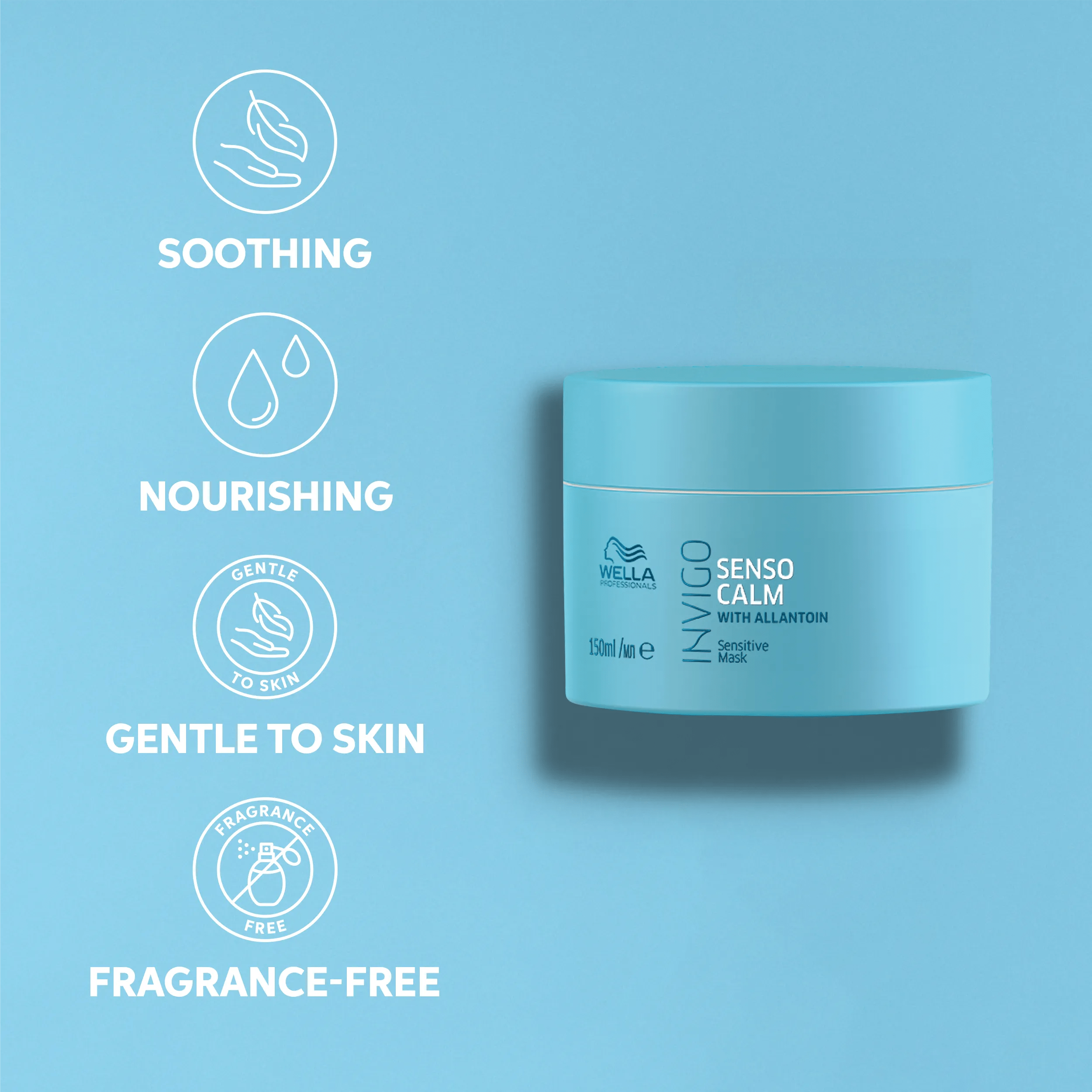 Pack of Invigo Senso Calm Maskwith text highlighting its benefits: soothing, nourishing, gentle to skin, fragrance-free.
