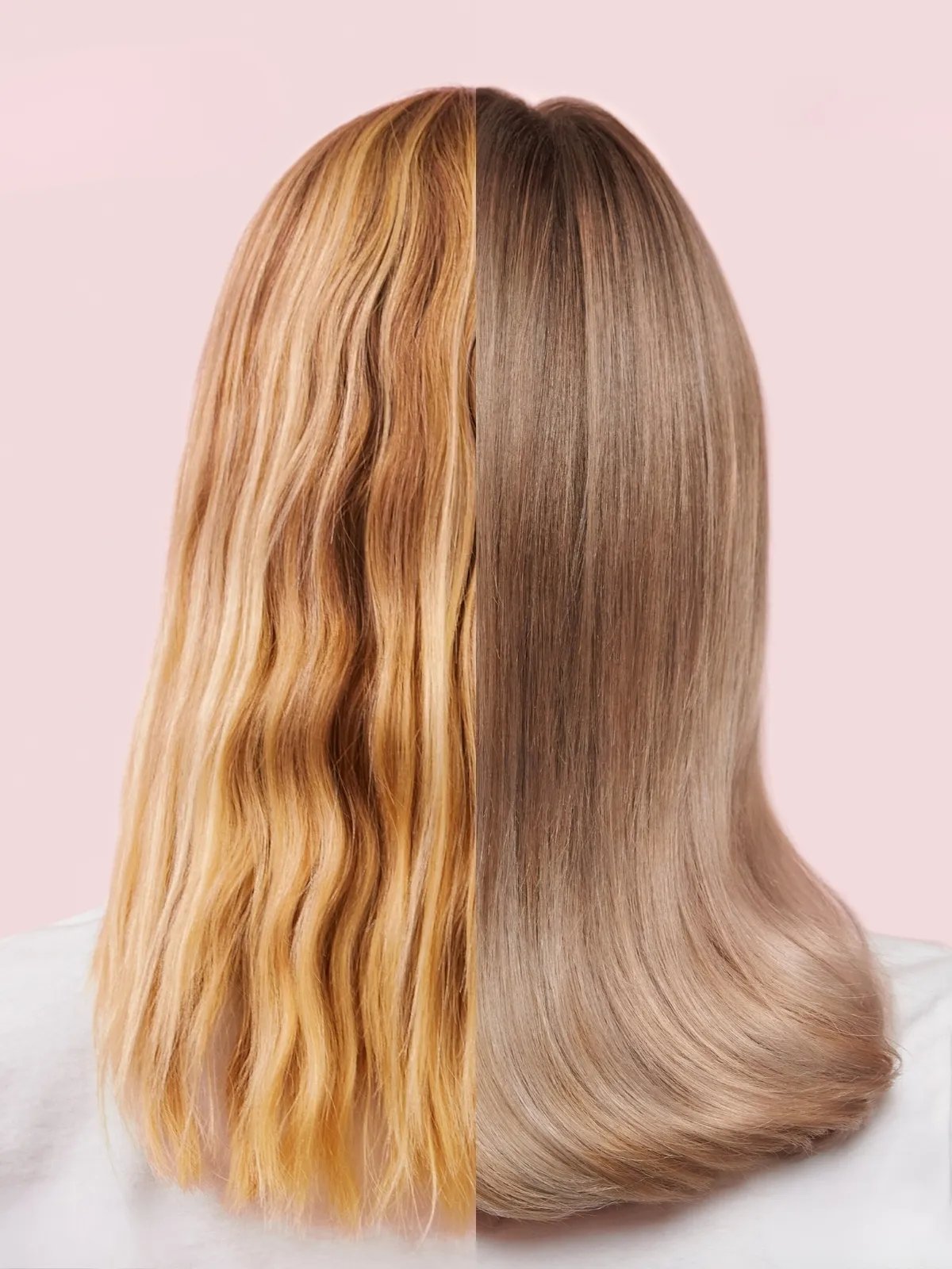Before and after showing model’s yellow blonde hair appearing cool and bright after a SHINEFINITY Acidic Color Glaze.