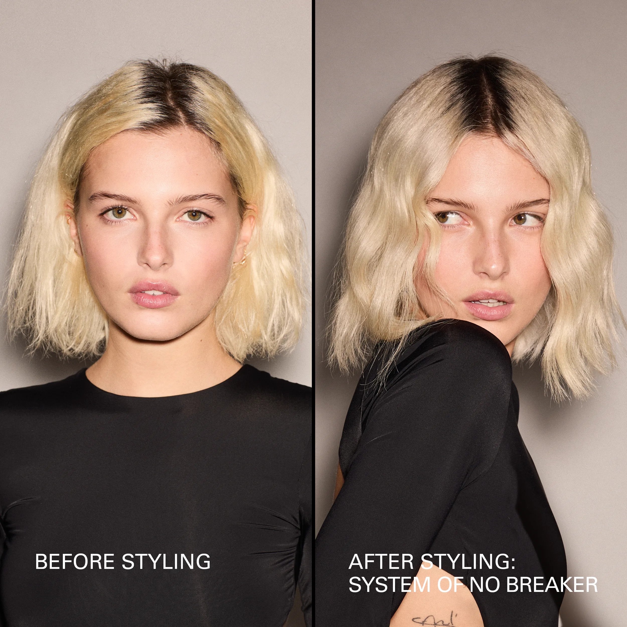 Image avant et après du modèle aux cheveux blonds courts. À gauche, les cheveux du mannequin ne sont pas coiffés et à droite, les cheveux du mannequin sont coiffés et ondulés. 