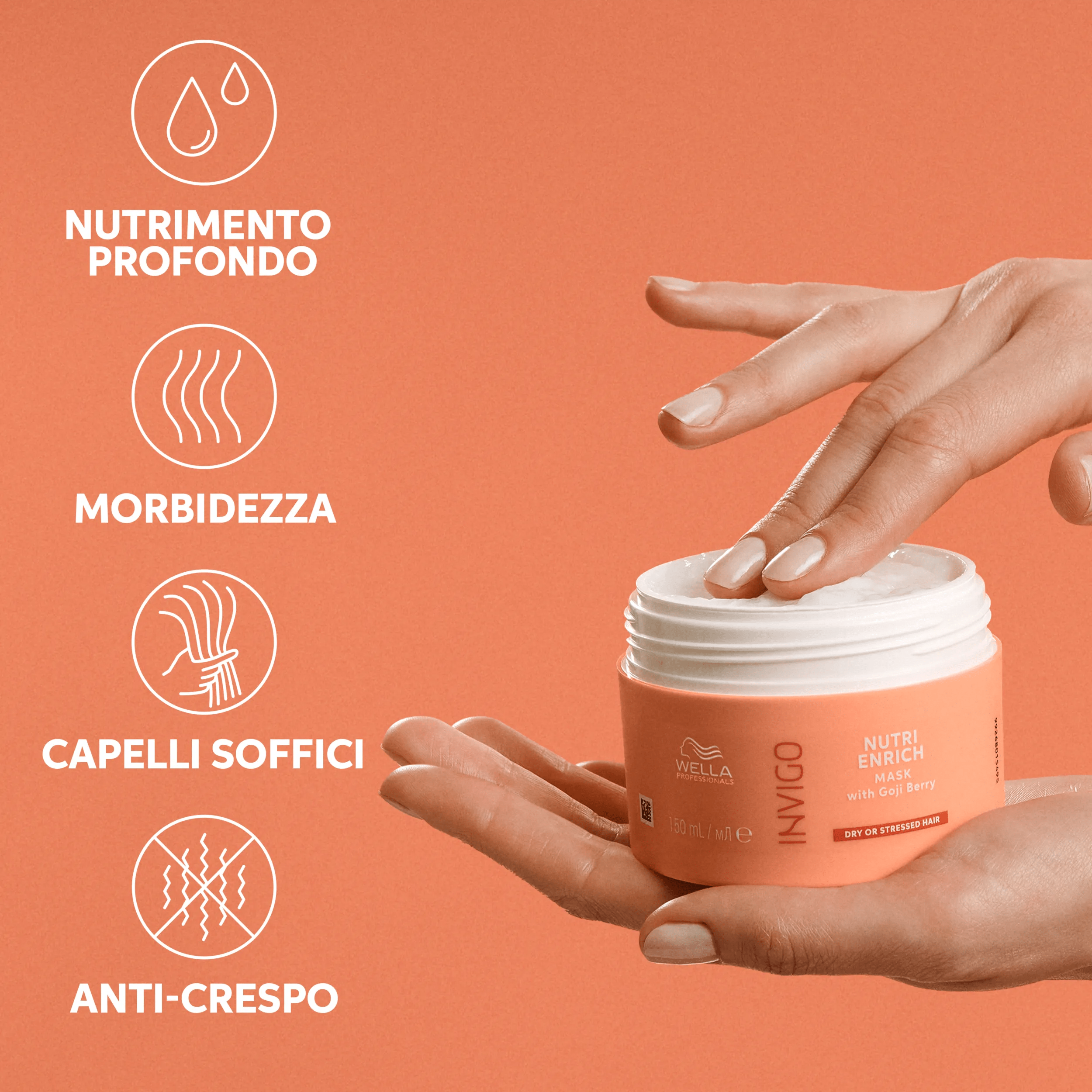 Foto di una mano femminile che tiene un barattolo di Nutri-Enrich mask, a fianco di un testo che dice 'Nutrimento profondo, scorrevolezza, morbidezza e azione anti-crespo'.