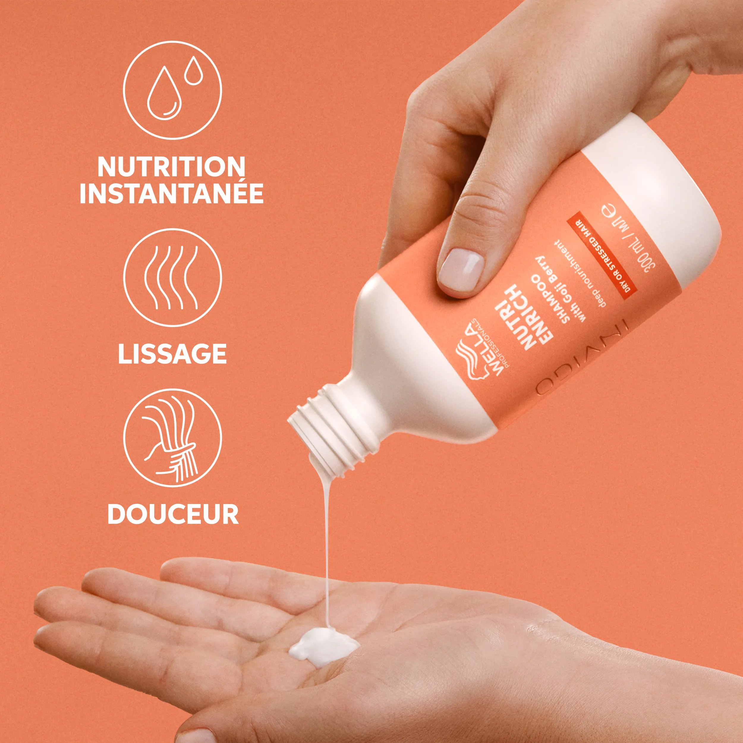 Image d'un flacon de shampooing Wella Professionals Invigo Nutri-Enrich Deep Nourishing avec du texte et des icônes mettant en évidence la nutrition en profondeur, la douceur et le lissage

