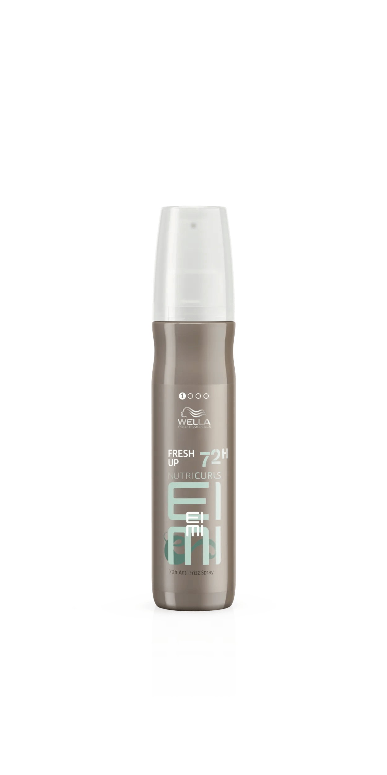 Wella EIMI Nutricurls fresh up packshot - a silver bottle with a white lid and blue EIMI logo.