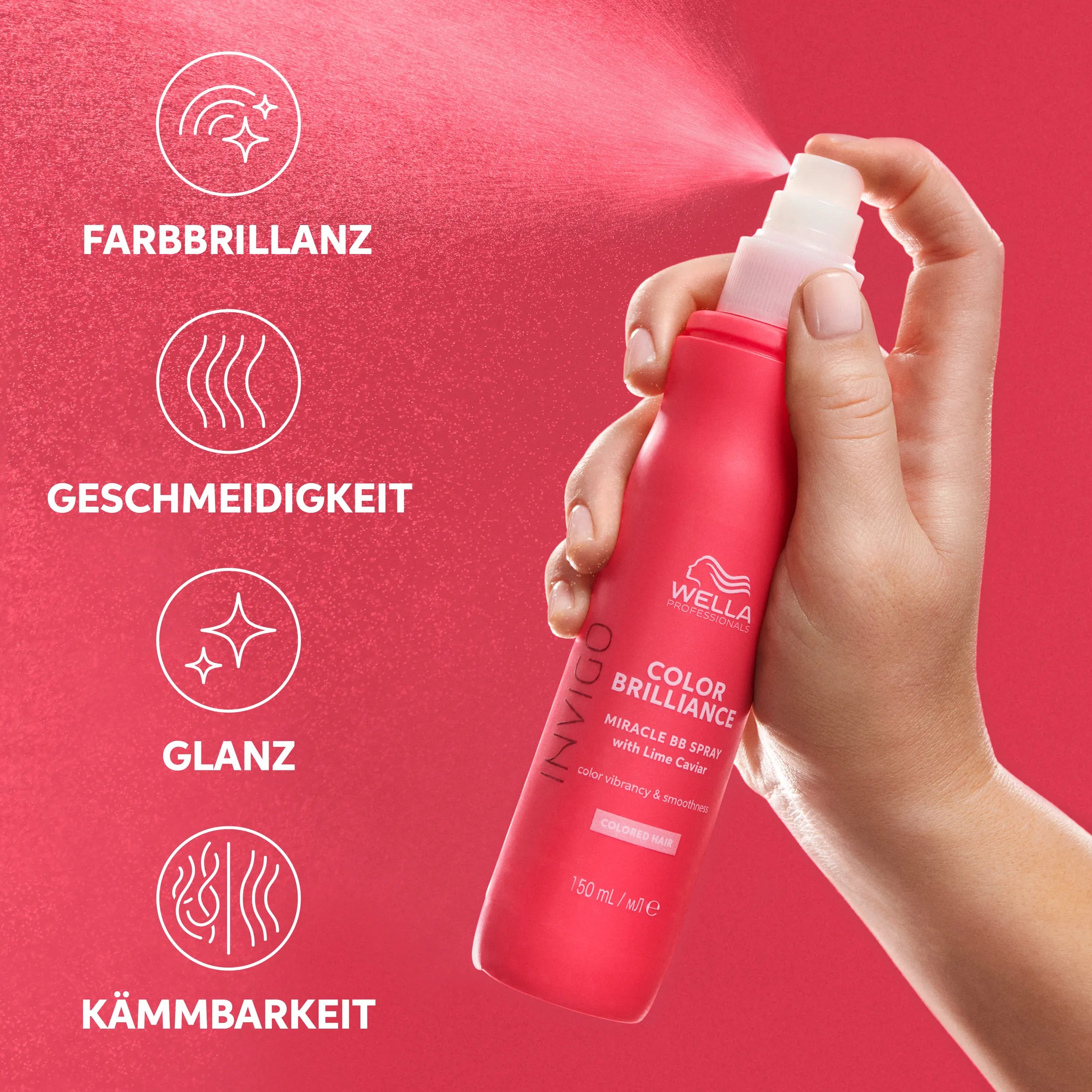 Packshot of the red Invigo Brilliance leave-in spray bottle, beside text which says 'color vibrancy, smoothness, shine & detangles'.