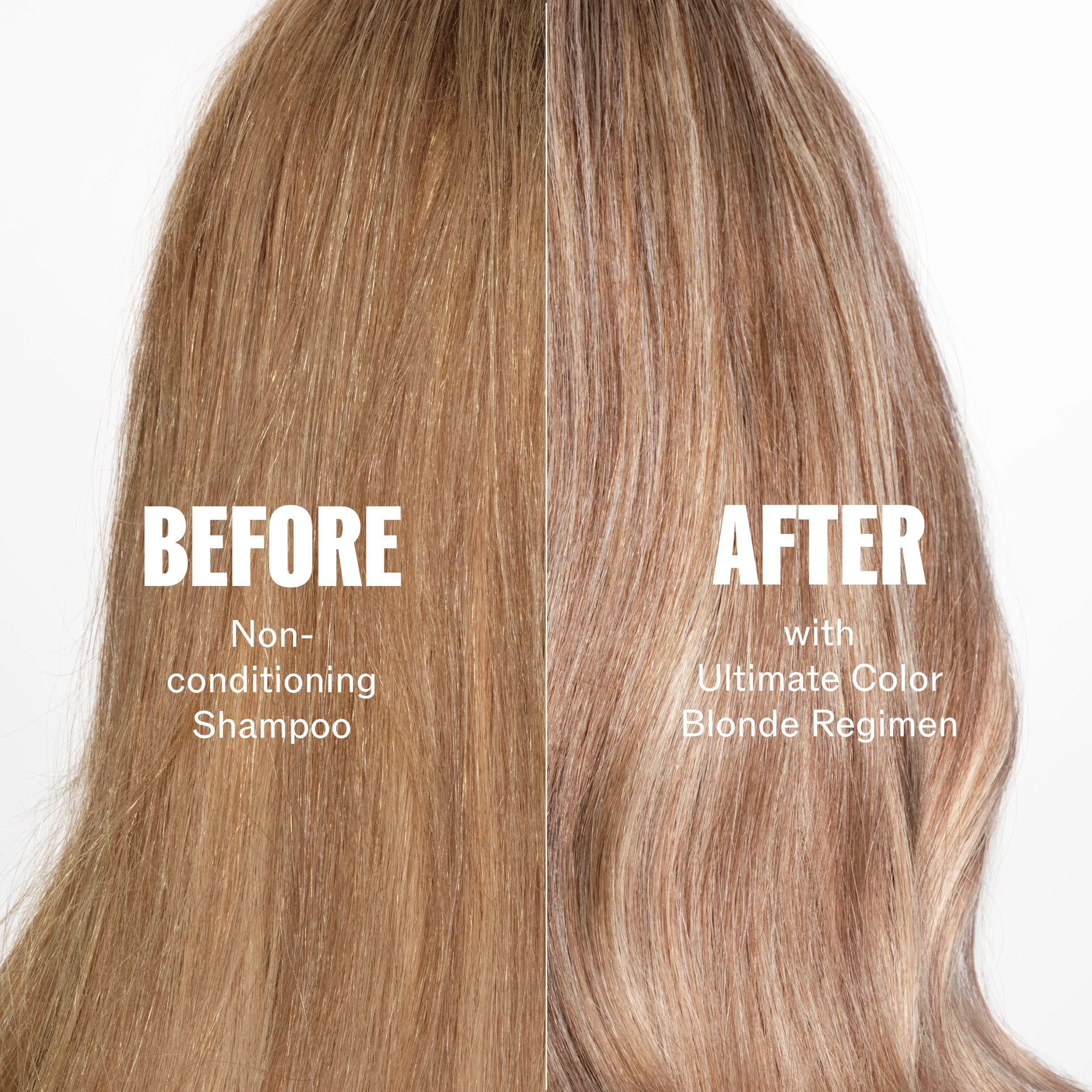 Uma imagem dividida mostra uma comparação de cabelo loiro ondulado. À esquerda, com a indicação "ANTES", o cabelo parece seco e com um tom acobreado. À direita, com a indicação "DEPOIS", o cabelo está mais suave, mais brilhante e apresenta tons loiros mais definidos, com um texto a indicar que foi tratado "com a Rotina Ultimate Color Blonde".