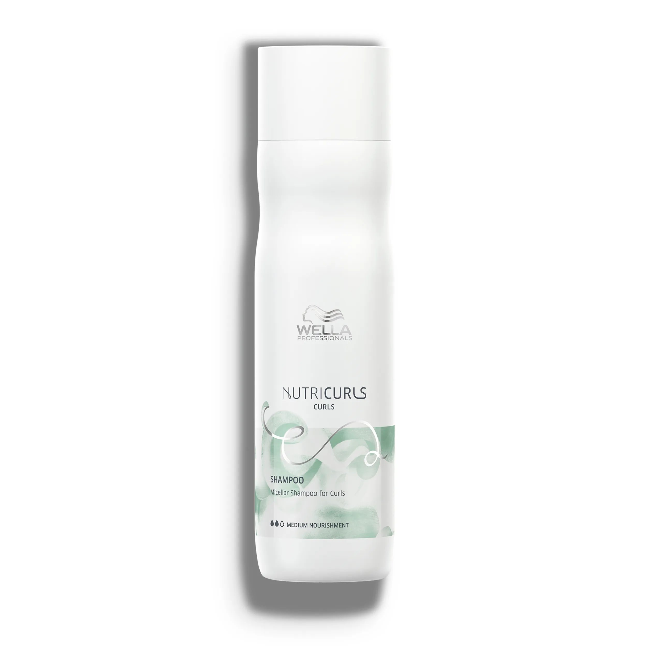 A white bottle of Wella Professionals NutriCurls shampoo.