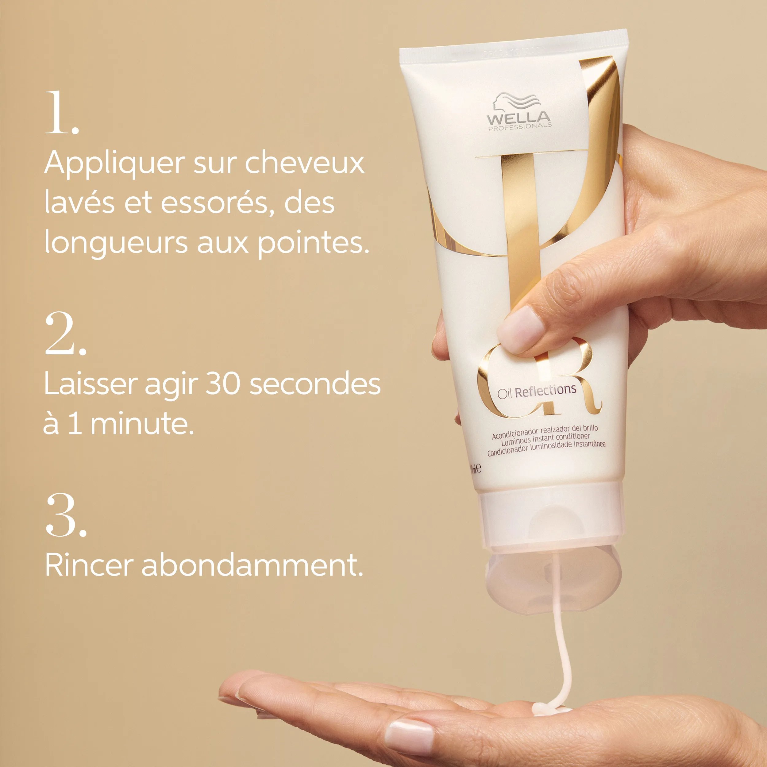 Femme utilisant l'après-shampoing instantané Oil Reflections Luminos de Wella Professionals avec le mode d'emploi. Le texte indique : appliquer sur les longueurs et les pointes des cheveux propres et humides, laisser agir 1 à 2 minutes, puis rincer abondamment.