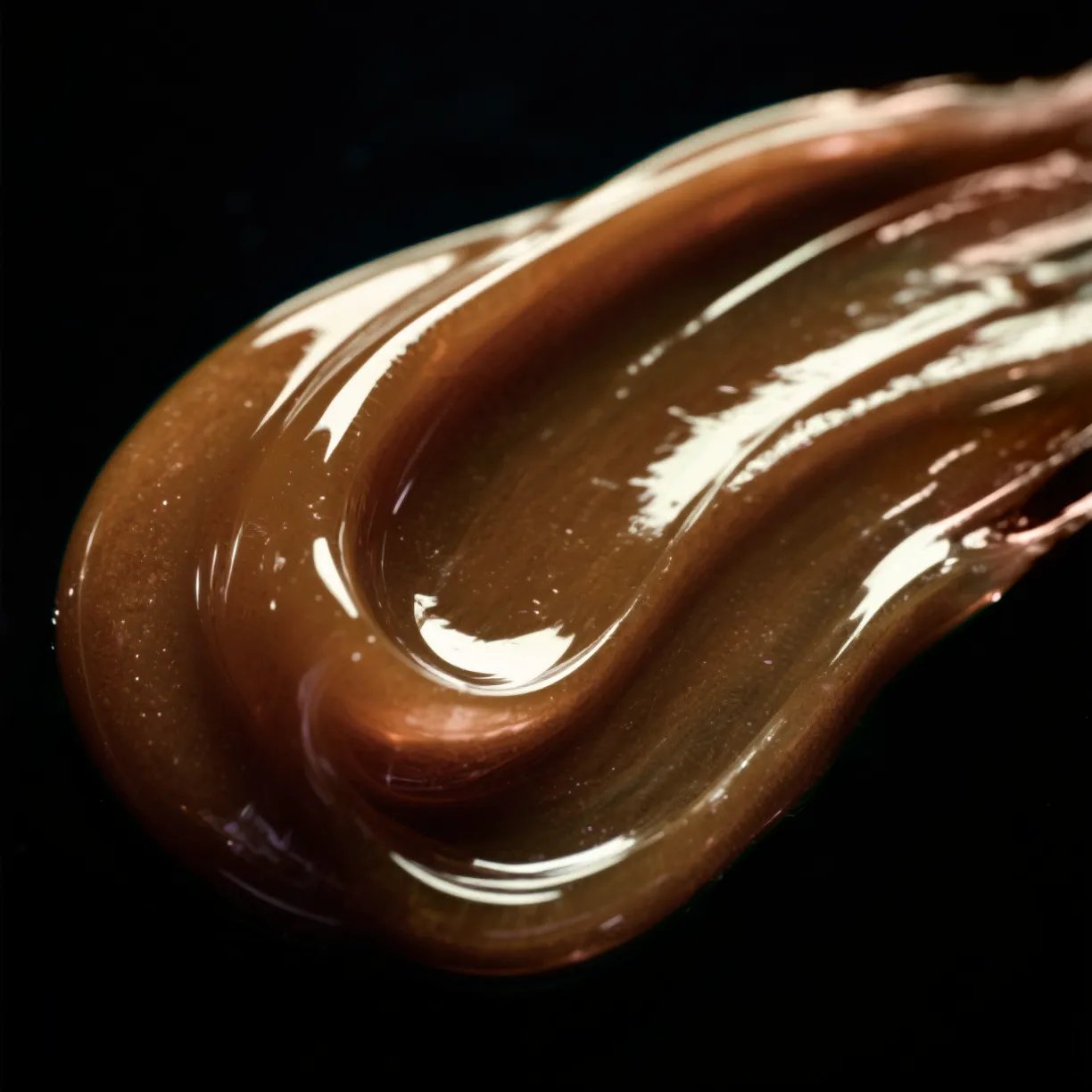 Primo piano di uno swatch di Cellophane Semi-Permanent Colour Gloss color marrone caramello