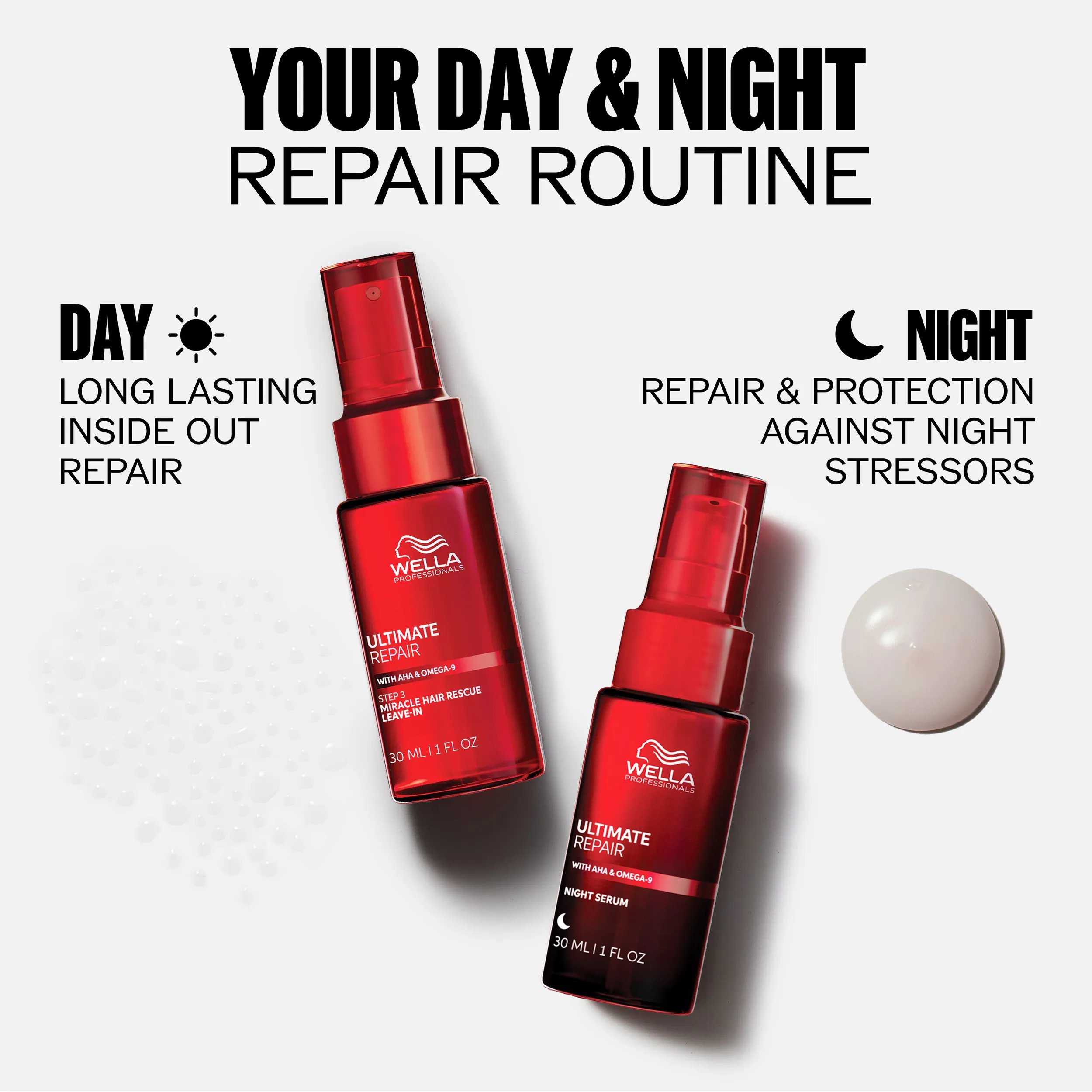 Packshot of Wella Ultimate Repair Miracle Hair Rescue Serum and Night Serum. Text reads Your day and night repair routine