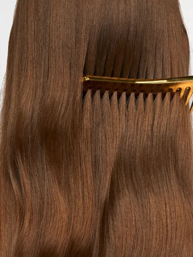 A golden comb runs through dark brown hair.