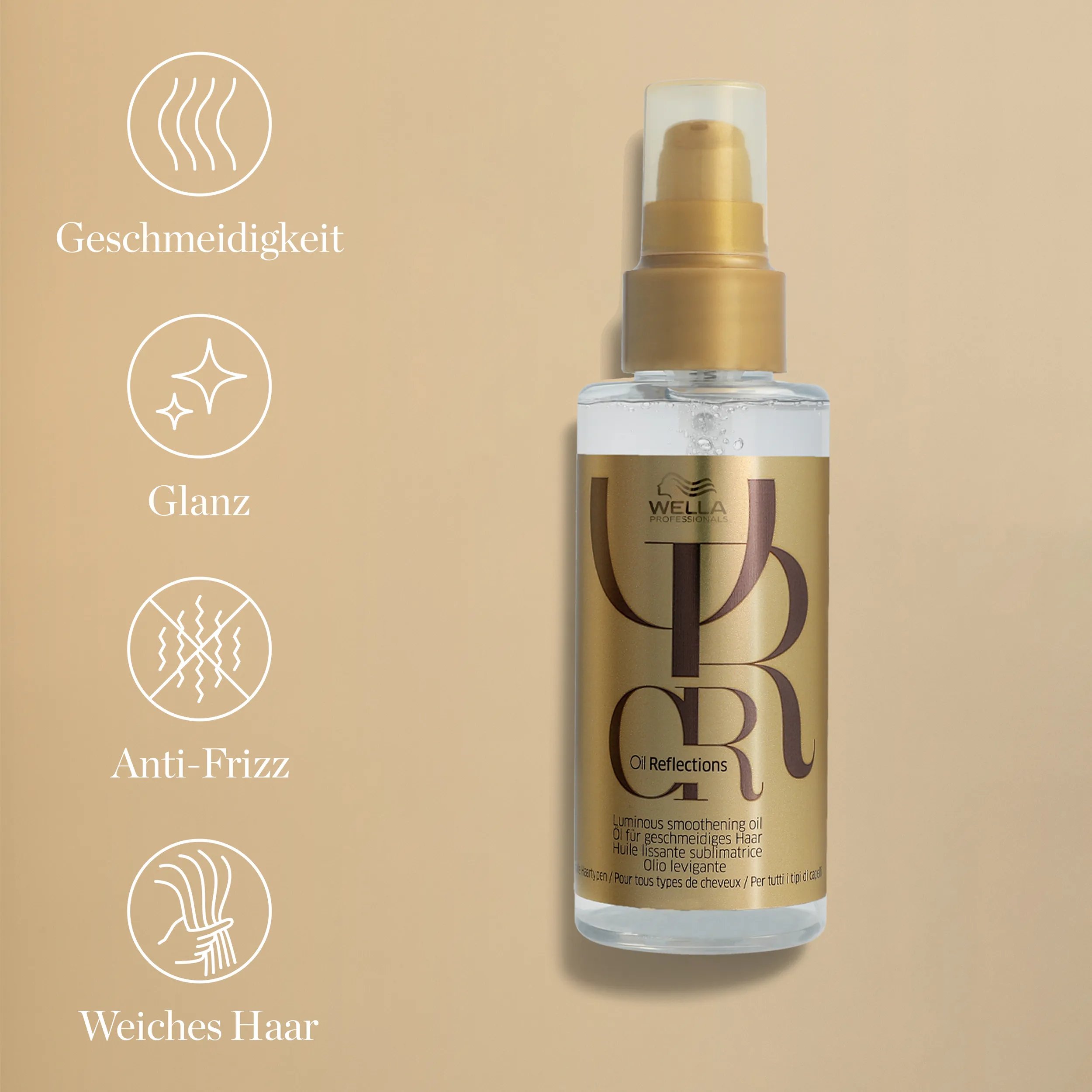 Produktfoto von Wella Professionals Oil Reflections Luminos Smoothing Oil. Der Text besagt: Geschmeidigkeit, Glanz, Anti-Frizz, weiches Haar.