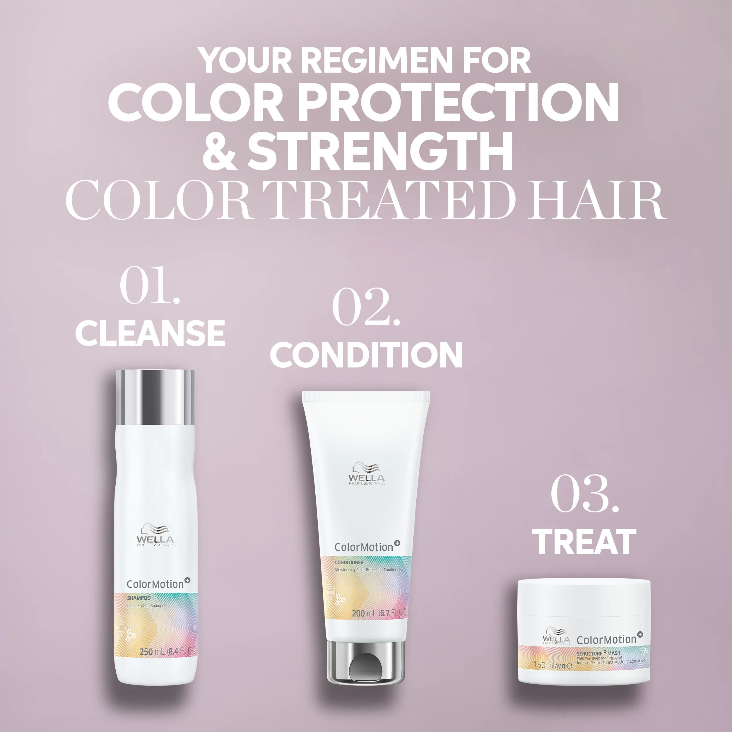 Text saying 'your regimen for color protection & strength, for color treated hair'. Below, the Wella Professionals ColorMotion+ range is shown in 3 steps: cleanse, condition and treat.