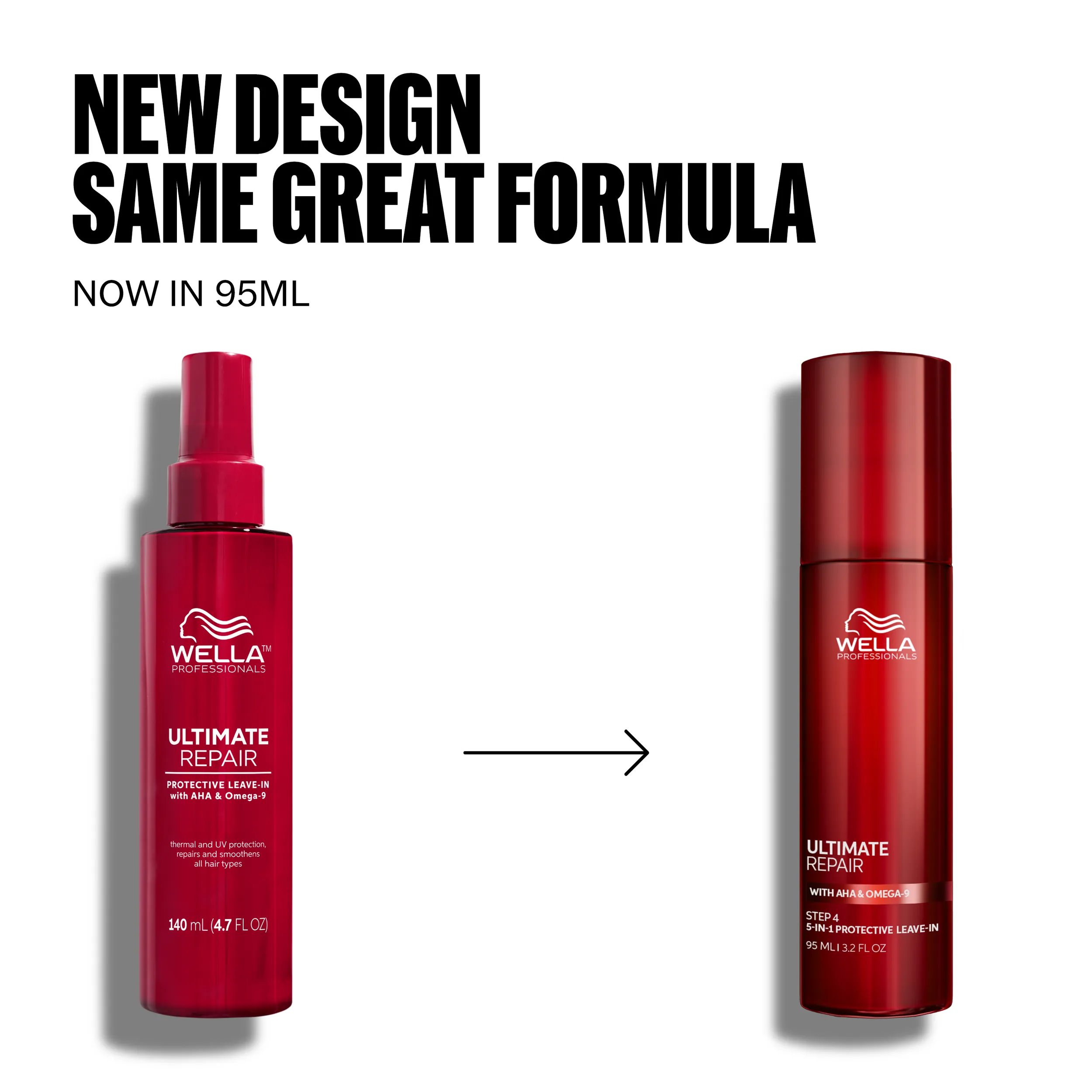 Pack image of Wella Ultimate Repair Leave-in. Shows old packaging and new packaging. Text reads new design same great formula now in 95 ml.