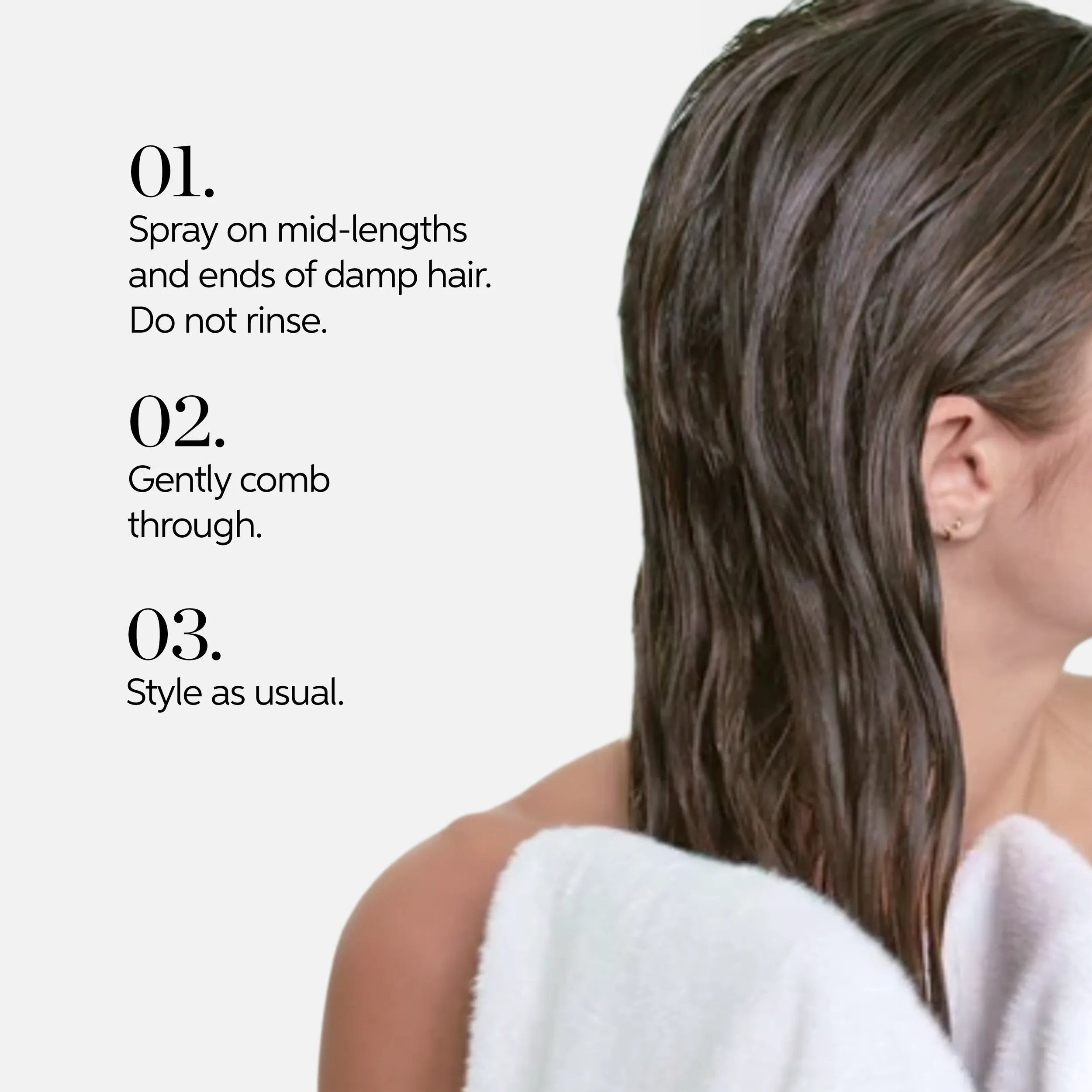 Image showing numbered instructions for applying a hair product. A woman with damp hair is partially visible.