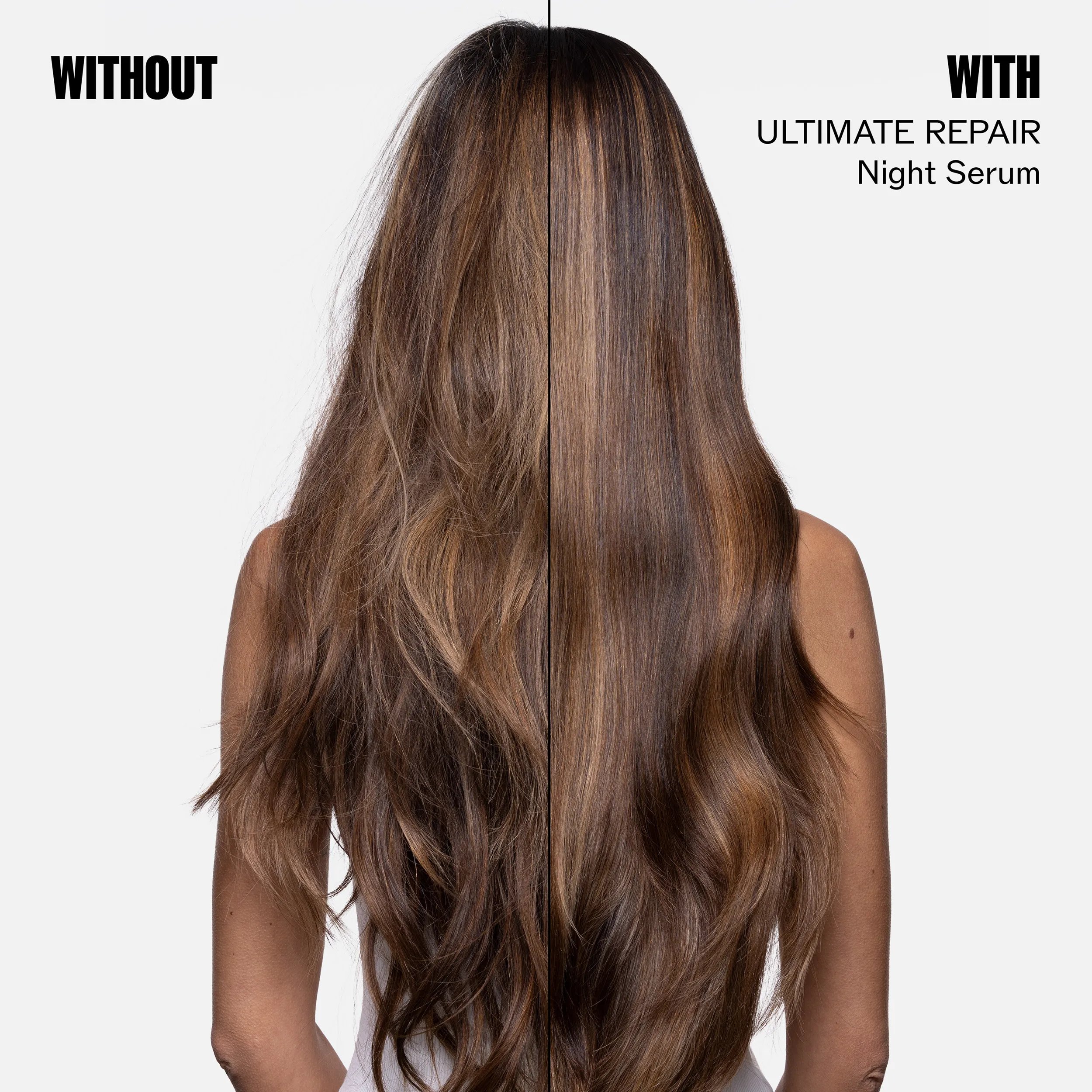 Before and after showing model’s dark brown, frizzy hair looking smoother after using ULTIMATE REPAIR Night Serum.