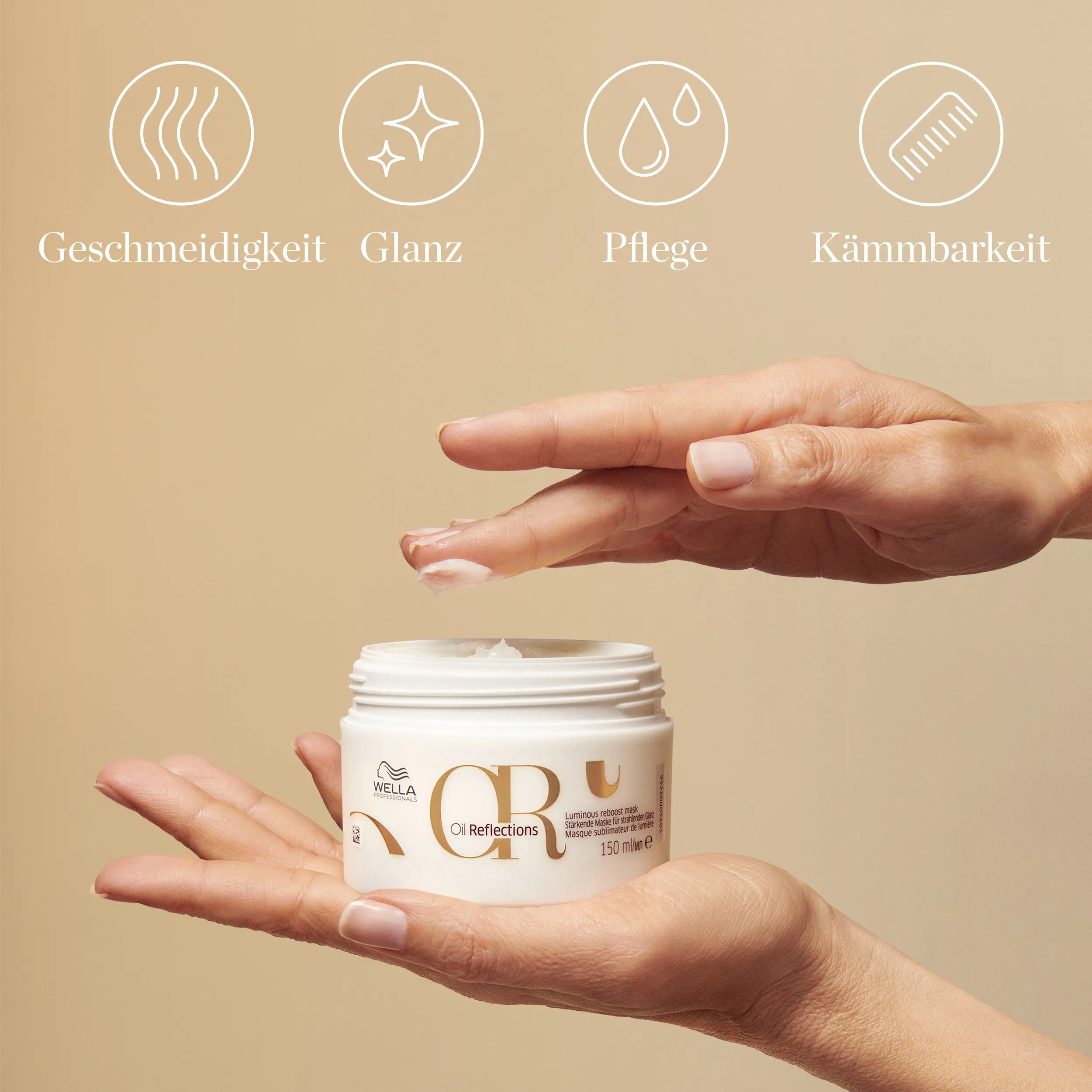 Packshot of Wella Professionals Oil Reflections Luminos Smoothing Oil. Text reads smoothness, shine, anti-frizz, soft hair. 