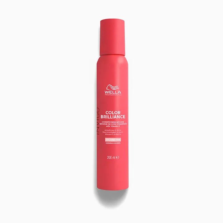 Packshot of Wella Professionals Color Invigo Brilliance Mousse- a red bottle with white font and a darker red Wella logo.