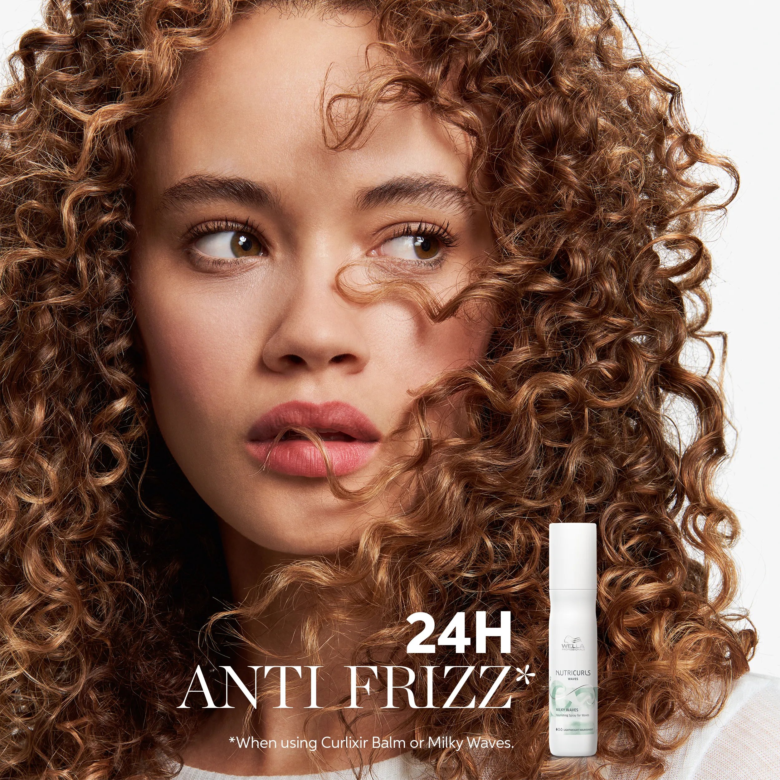 Wella NutriCurls Curlixir Balm advertisement featuring a model with defined curls, promoting 24-hour curl definition.