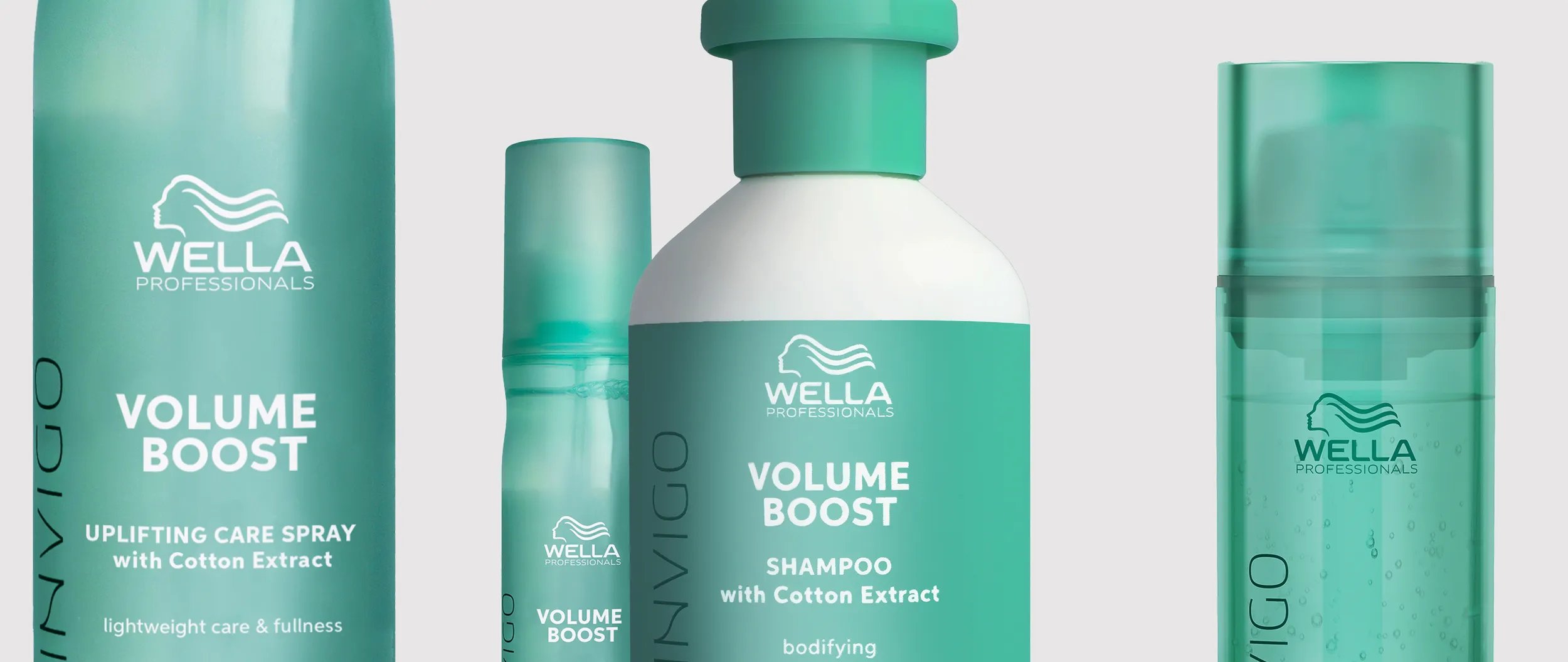 Wella Invigo Volume Boost shampoo and spray product shot.