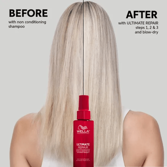 Before and after showing model’s long, straight, blonde hair appearing healthier after using ULTIMATE REPAIR.