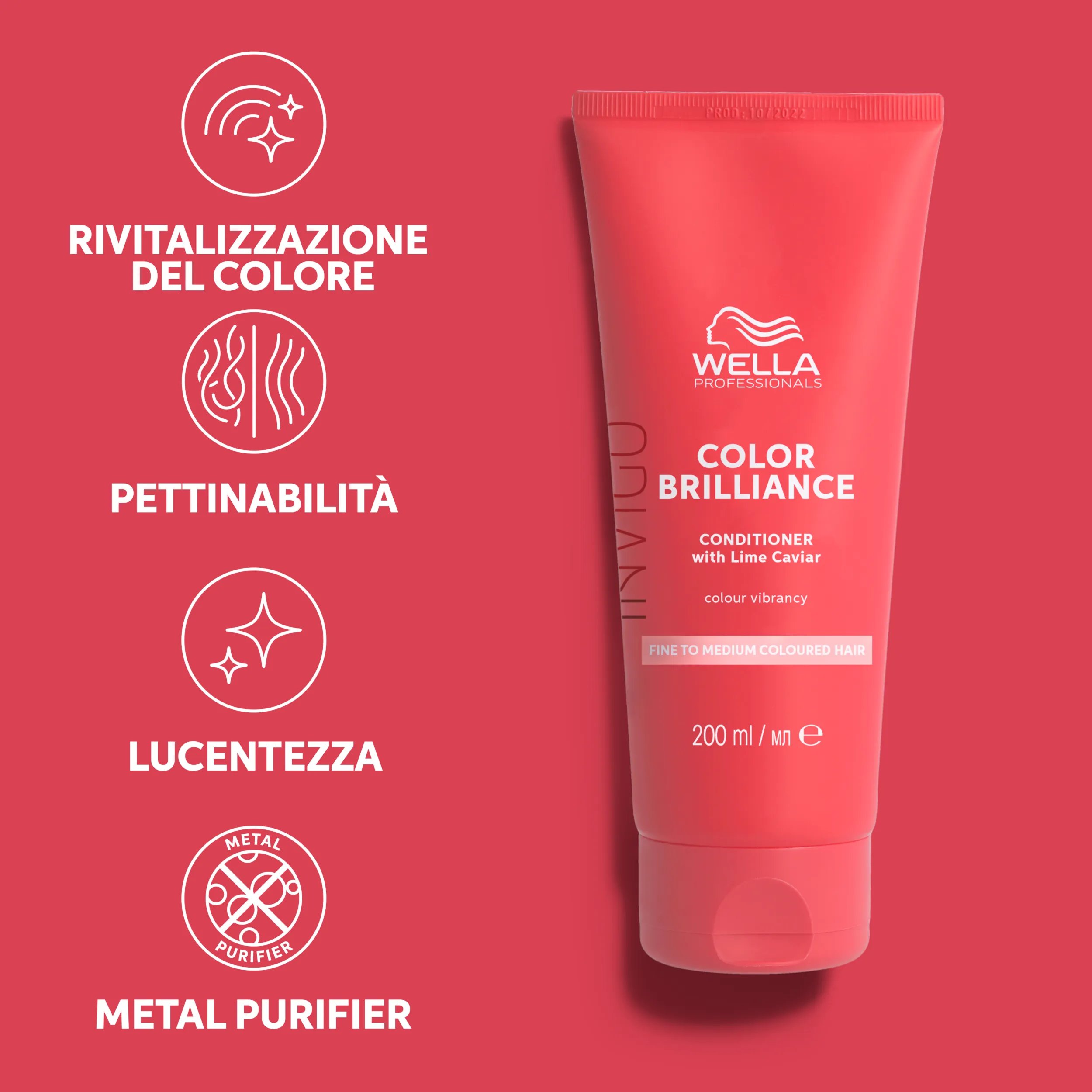Foto di un braccio femminile che sostiene un tubo di Invigo Brilliance Fine Hair Conditioner, a fianco di un testo che dice 'Vivacità del colore, districa, lucentezza & Metal purifier'.