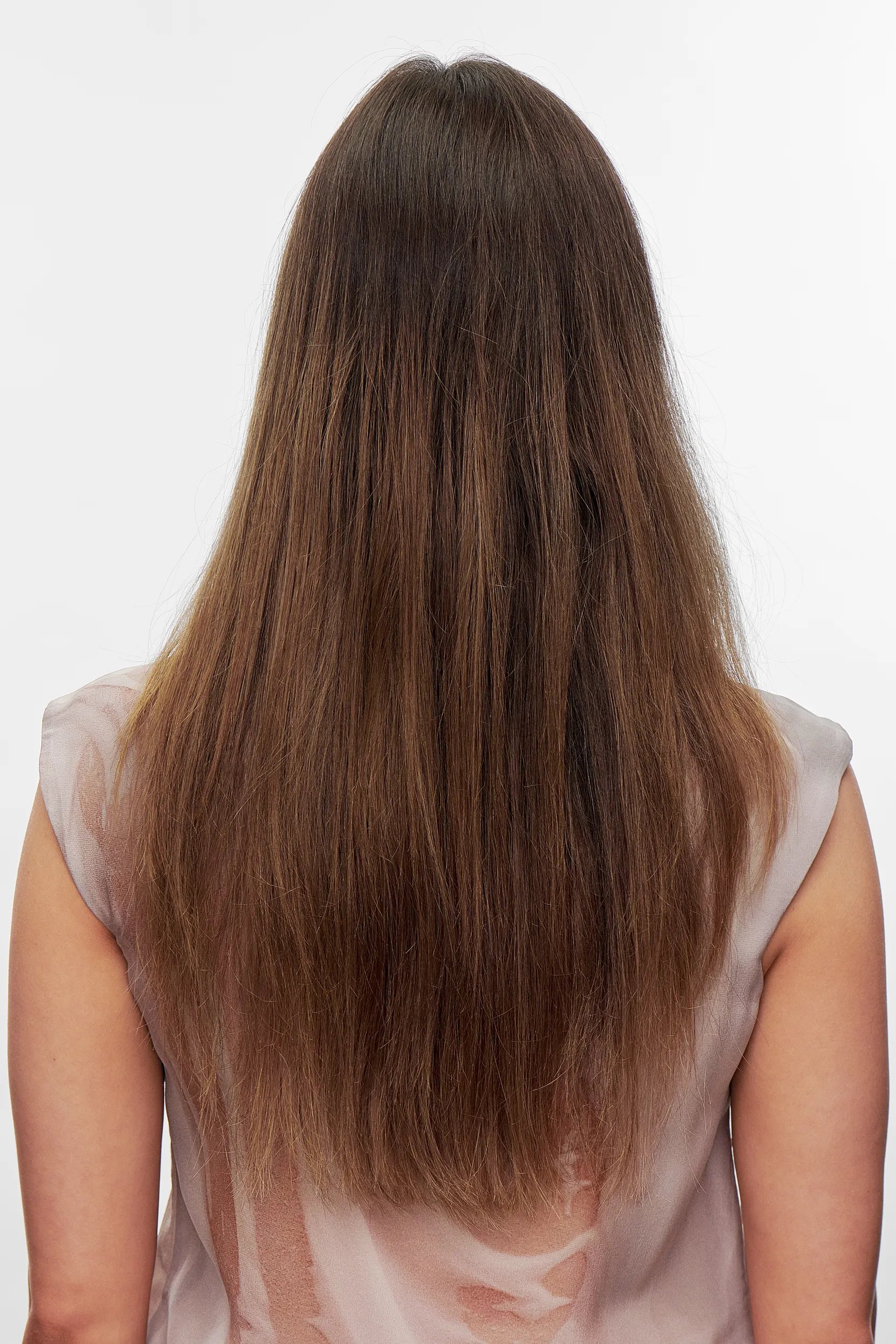 Model with long, drown hair faces away from the camera. Hair is dull and lacks shine.