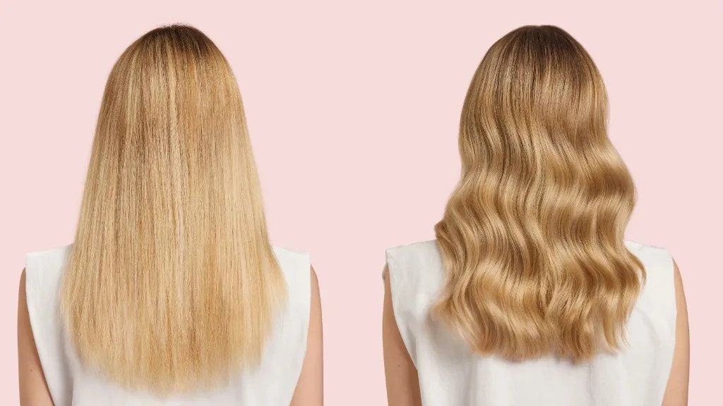 Before and after showing model’s blonde hair appearing richer and brass-free after a SHINEFINITY Acidic Color Glaze.