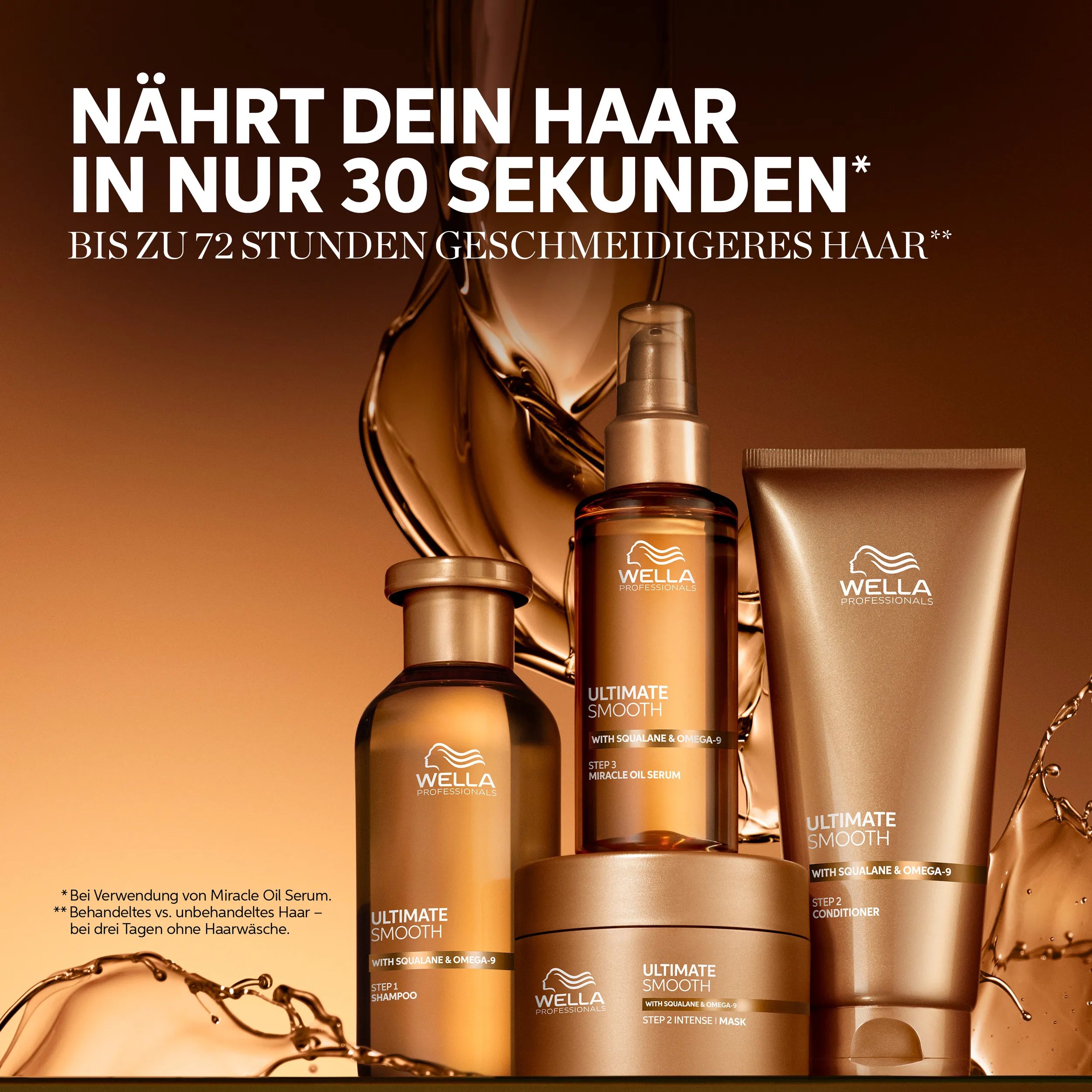 Ultimate Smooth Shampoo, Conditioner, Miracle Oil Serum und Maske auf einem goldenen Hintergrund