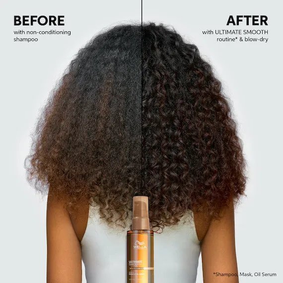 Before and after showing model’s long, brown, curly hair appearing glossier after using ULTIMATE SMOOTH. 