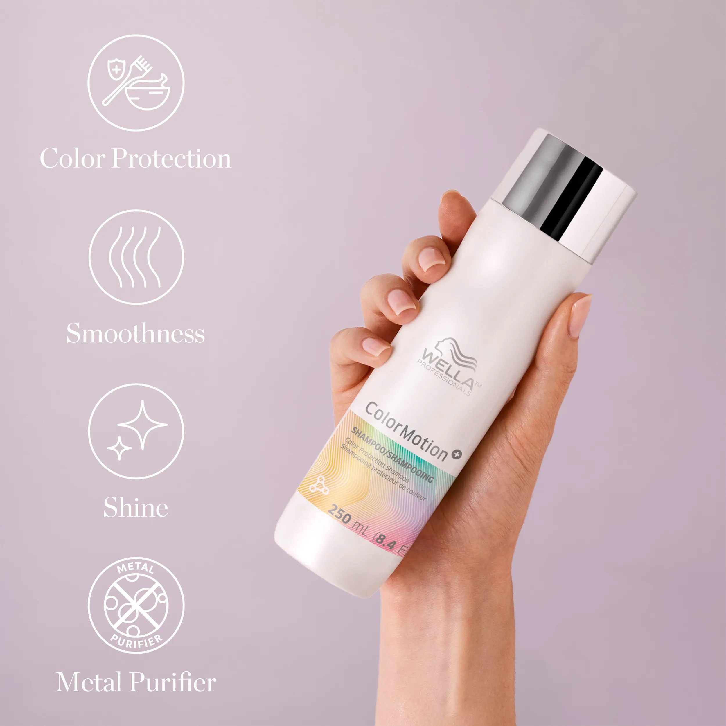 Packshot of a hand holding Wella ColorMotion+ shampoo beside text saying 'color protection, smoothness, shine and metal purifier'.