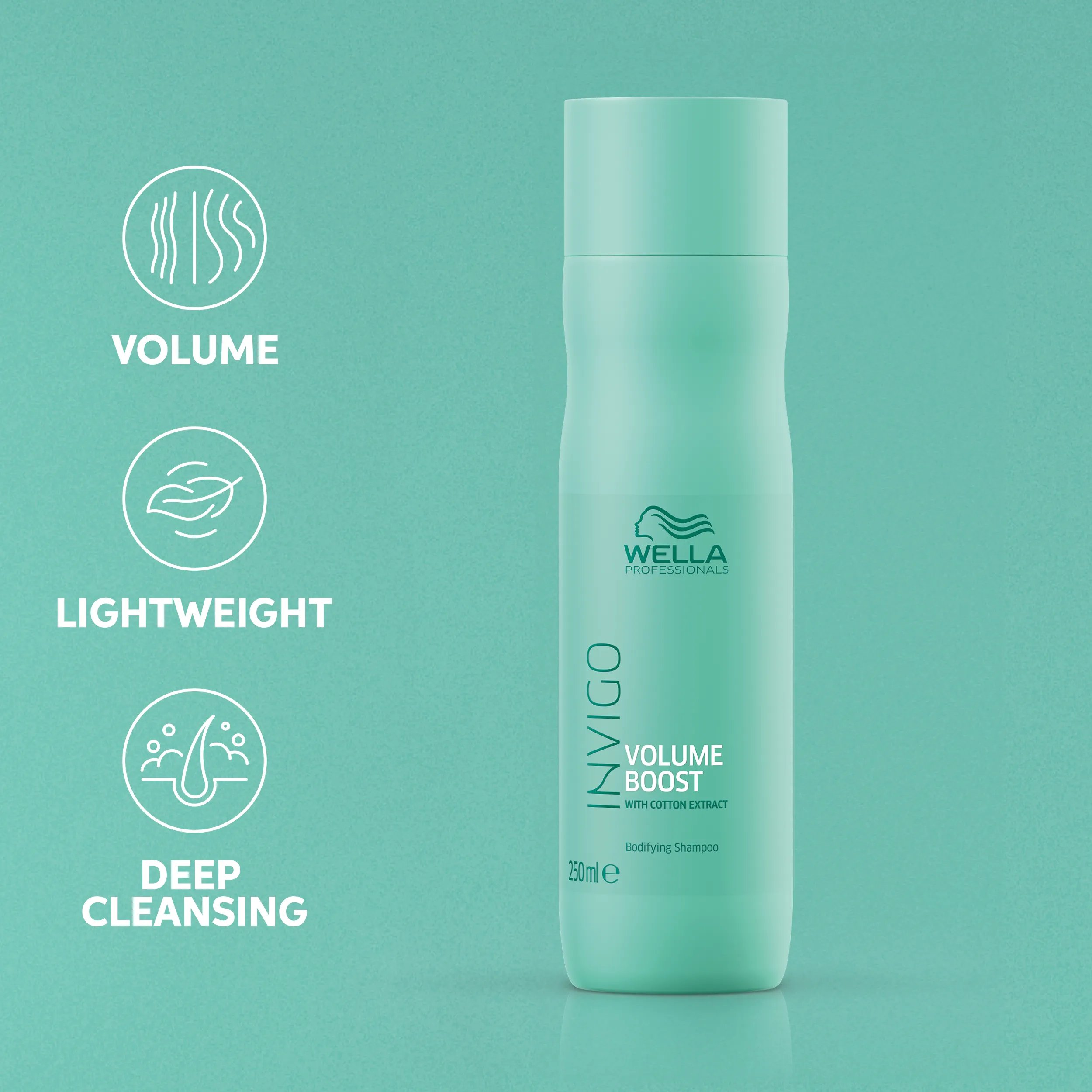 Image of a teal Wella Professionals Invigo Volume Boost Bodifying Shampoo bottle, highlighting its volume, lightweight, and deep cleansing benefits.