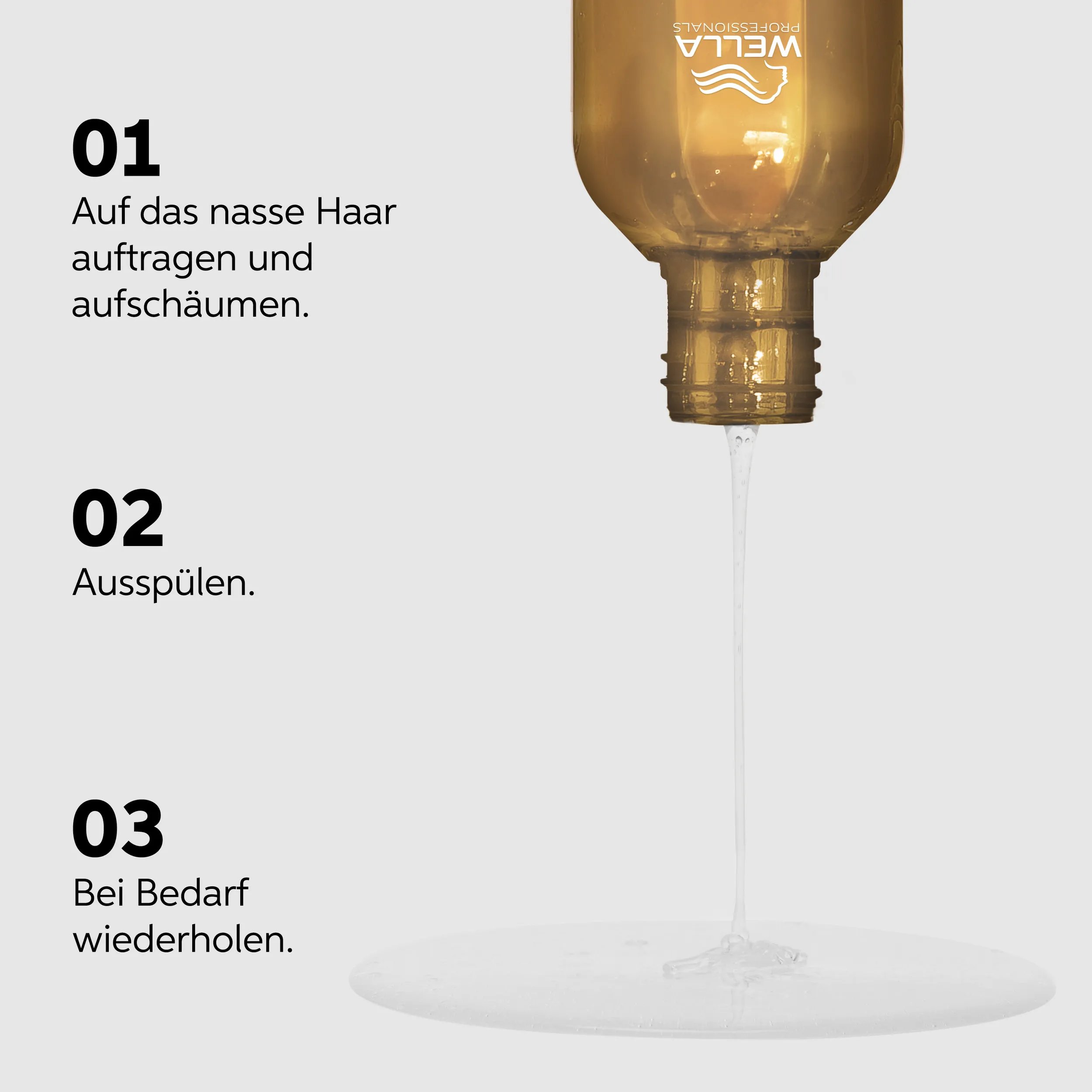 Flasche Ultimate Smooth Shampoo steht auf dem Kopf, das Produkt fließt heraus.