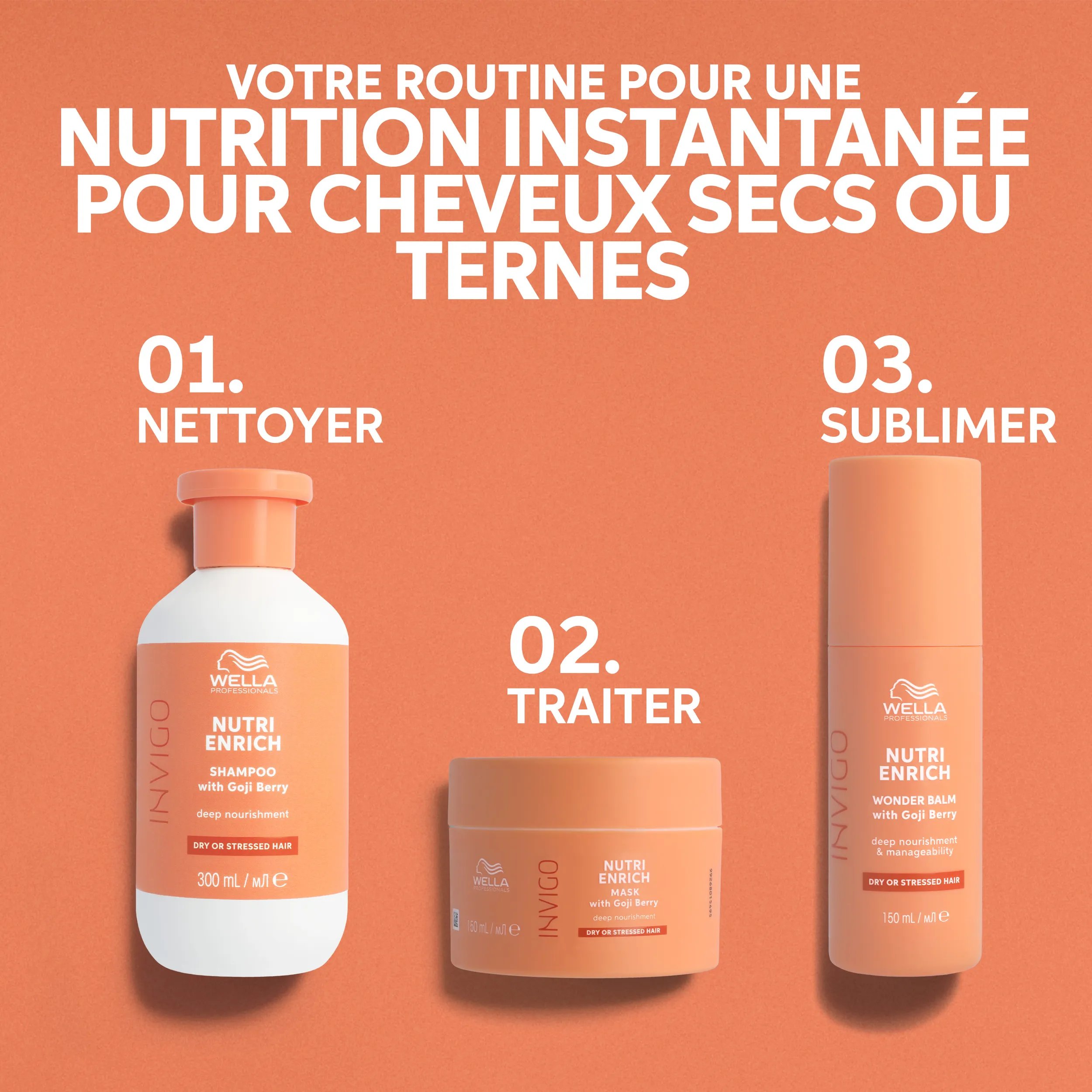 Texte disant "cheveux secs ou abîmés ? Trouvez la finition parfaite", avec deux photos de produits - l'une du baume assouplissant pour la douceur et la maniabilité, l'autre de la crème de contrôle des frisottis pour le lissage et le contrôle des boucles.