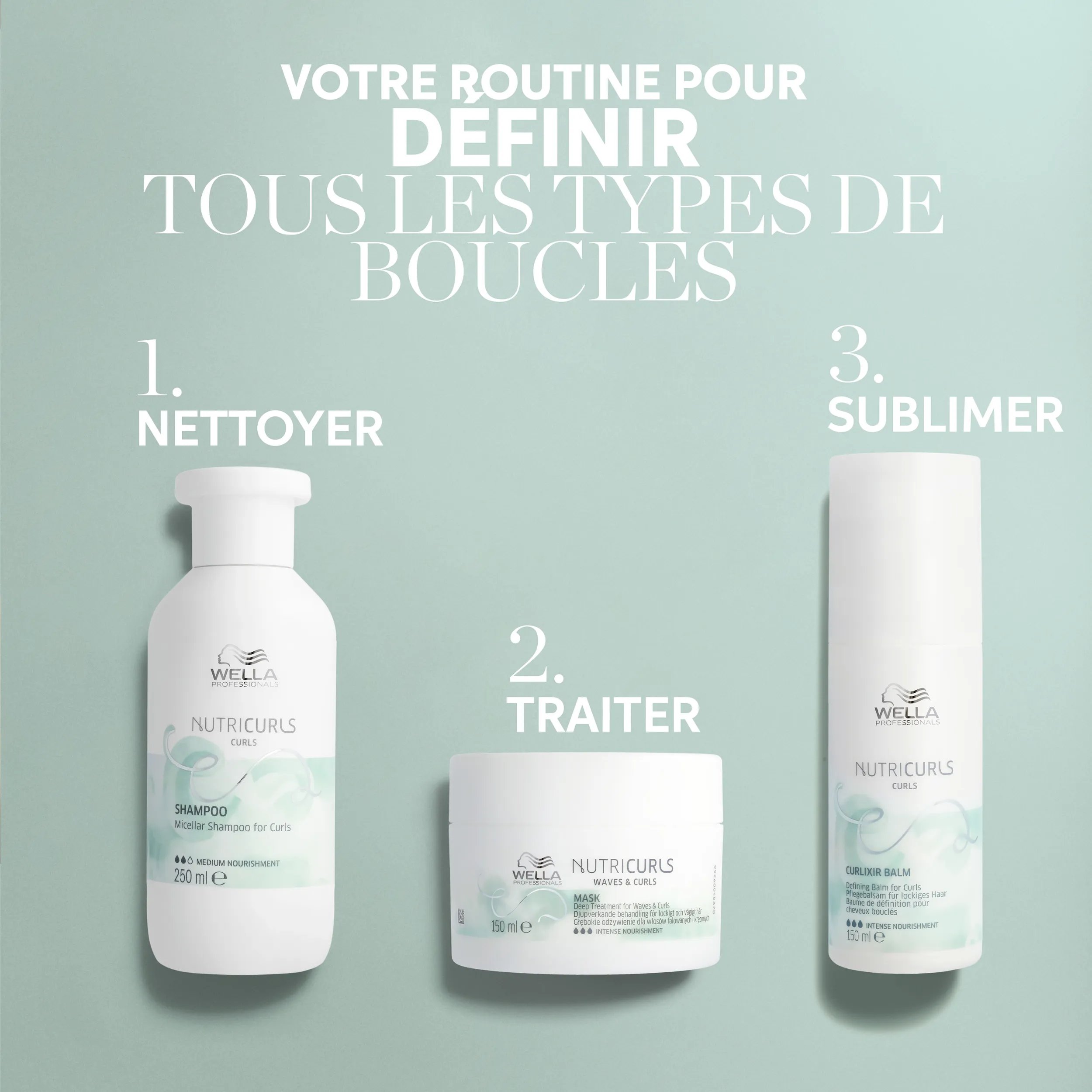Image d'un régime en trois étapes de Wella Professionals NutriCurls pour définir tous les types de boucles : Nettoyer, traiter, définir.
