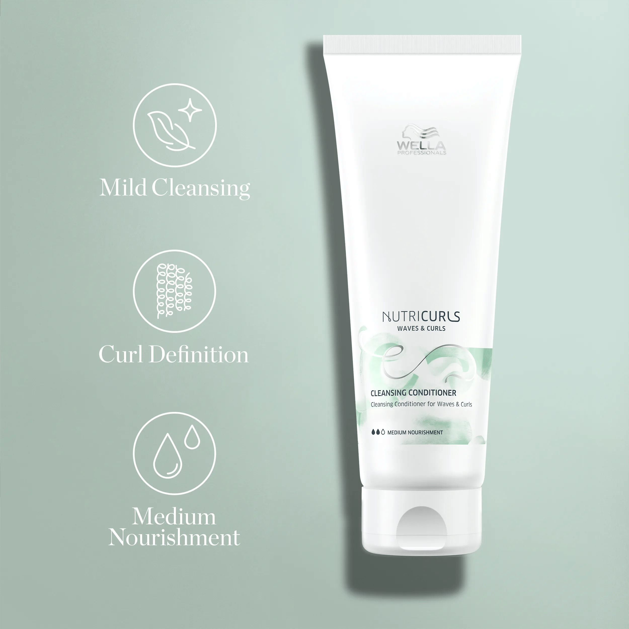 Image of Wella Professionals NutriCurls Waves & Curls Cleansing Conditioner tube, highlighting "Mild Cleansing," "Curl Definition," and "Medium Nourishment" benefits.