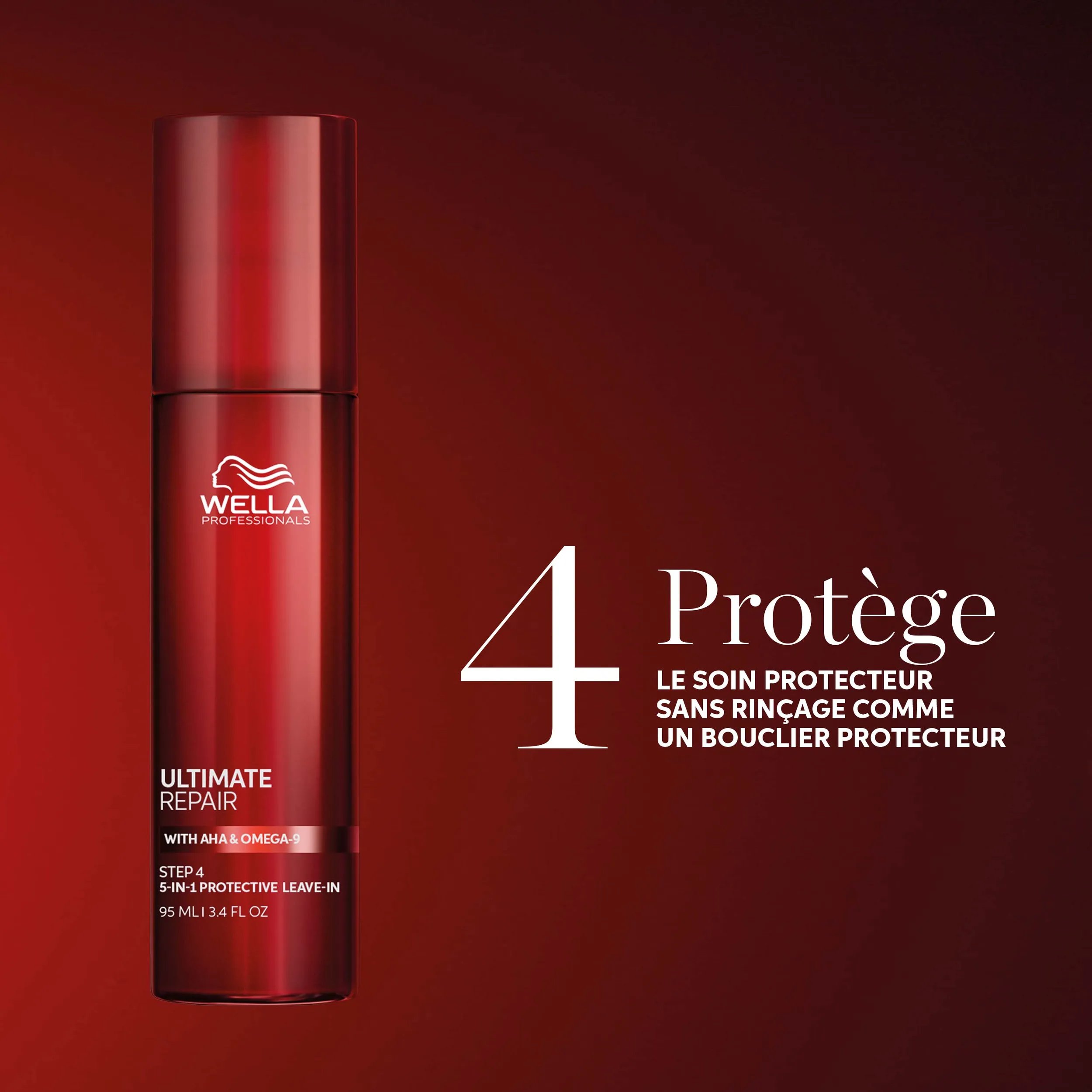 Packshot d'Ultimate Repair Leave-in (sans rinçage). Le texte indique qu'il s'agit d'un produit sans danger pour les couleurs, formulé sans ingrédients d'origine animale.