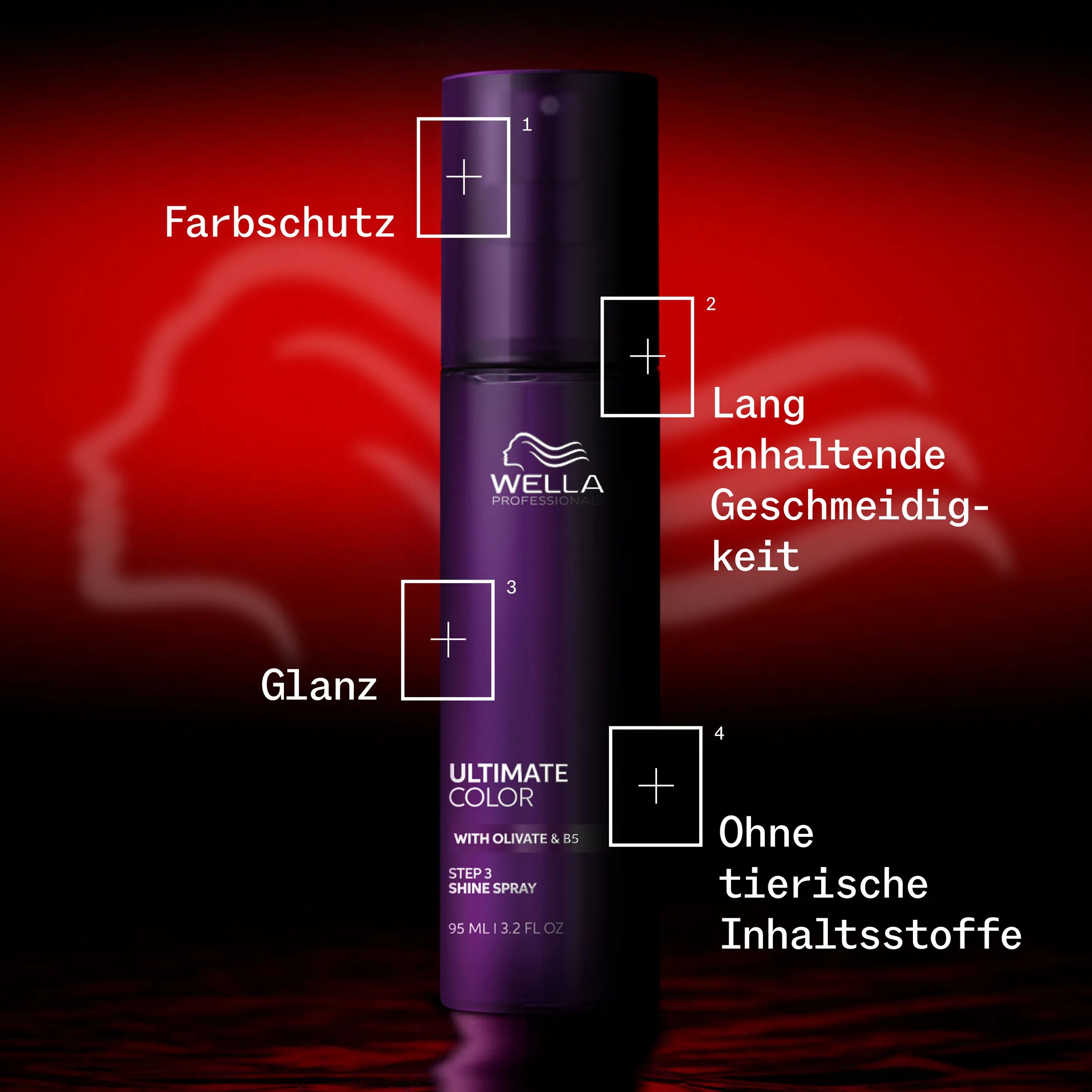 Produktbild vom Ultimate Color Conditioner vor rotem Hintergrund. Darauf stehen folgende Punkte: Farbschutz, lang anhaltende Geschmeidigkeit, Glanz und ohne tierische Inhaltstoffe.