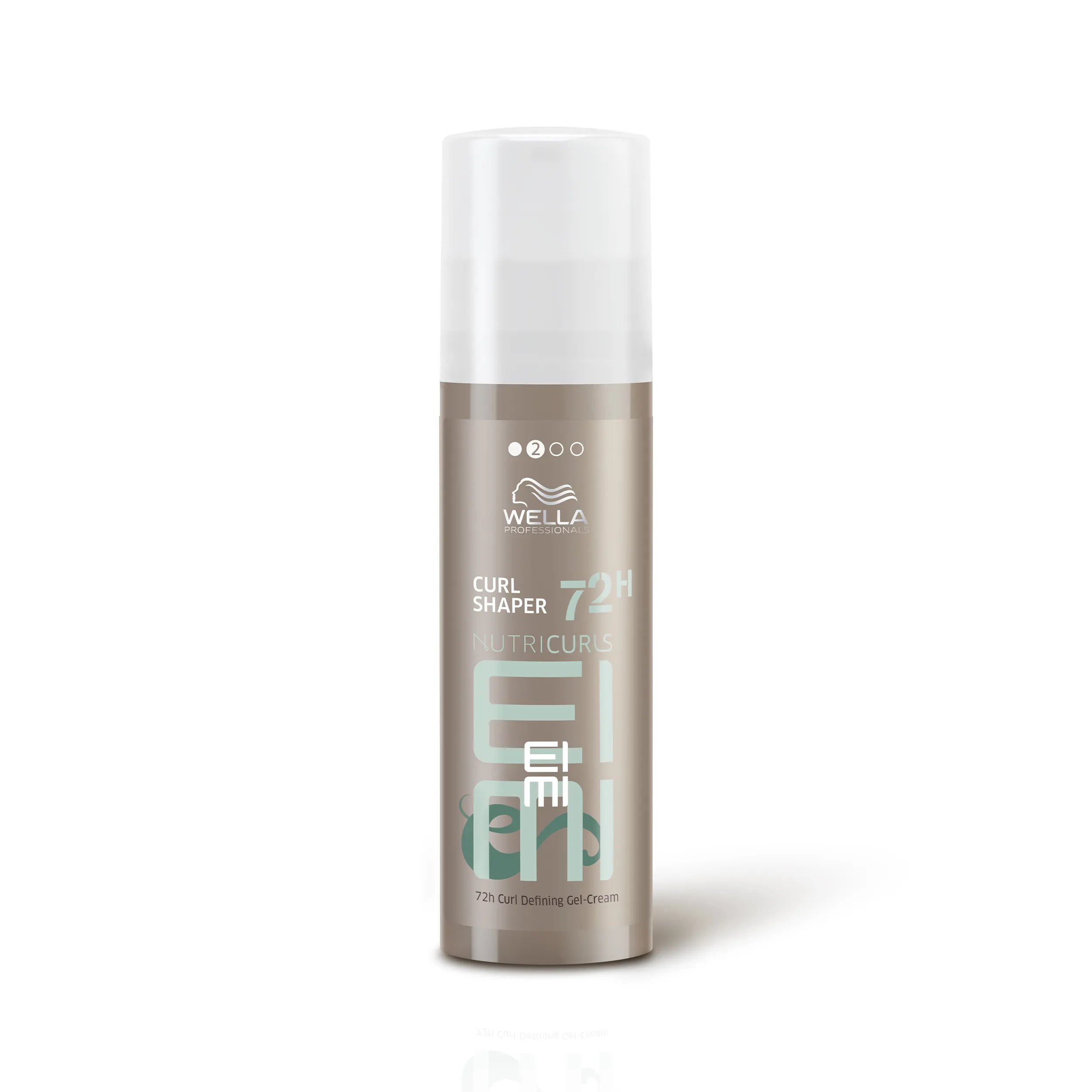 Wella EIMI Nutricurls Curl Shaper packshot - a silver bottle with a white lid and blue EIMI logo.