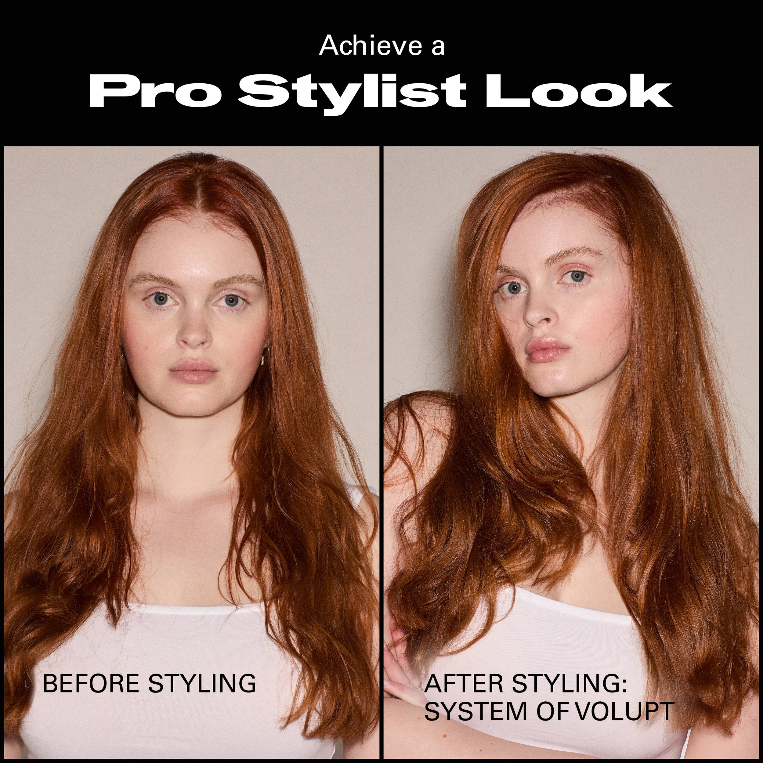 Before and after image of a model with long auburn hair. On the left, model's hair is natural and unstyled. On the right, the model's hair is more textured and parted to the side. 
