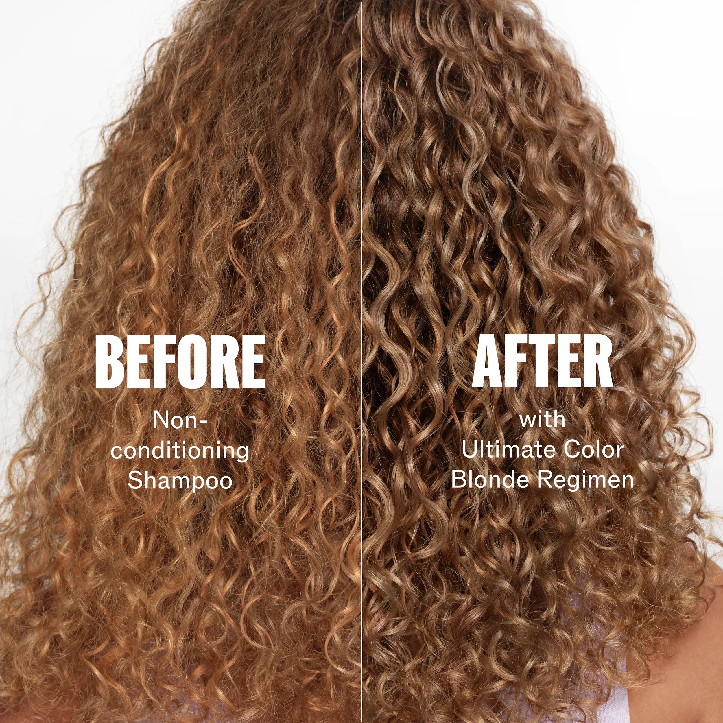 Uma imagem dividida mostra uma comparação de cabelo encaracolado. À esquerda, com a indicação «ANTES», o cabelo parece seco e com um tom acobreado. À direita, com a indicação «DEPOIS», o cabelo está mais suave, mais brilhante e apresenta tons loiros mais definidos, com um texto a indicar que foi tratado «com o Ultimate Color Blonde Regimen».