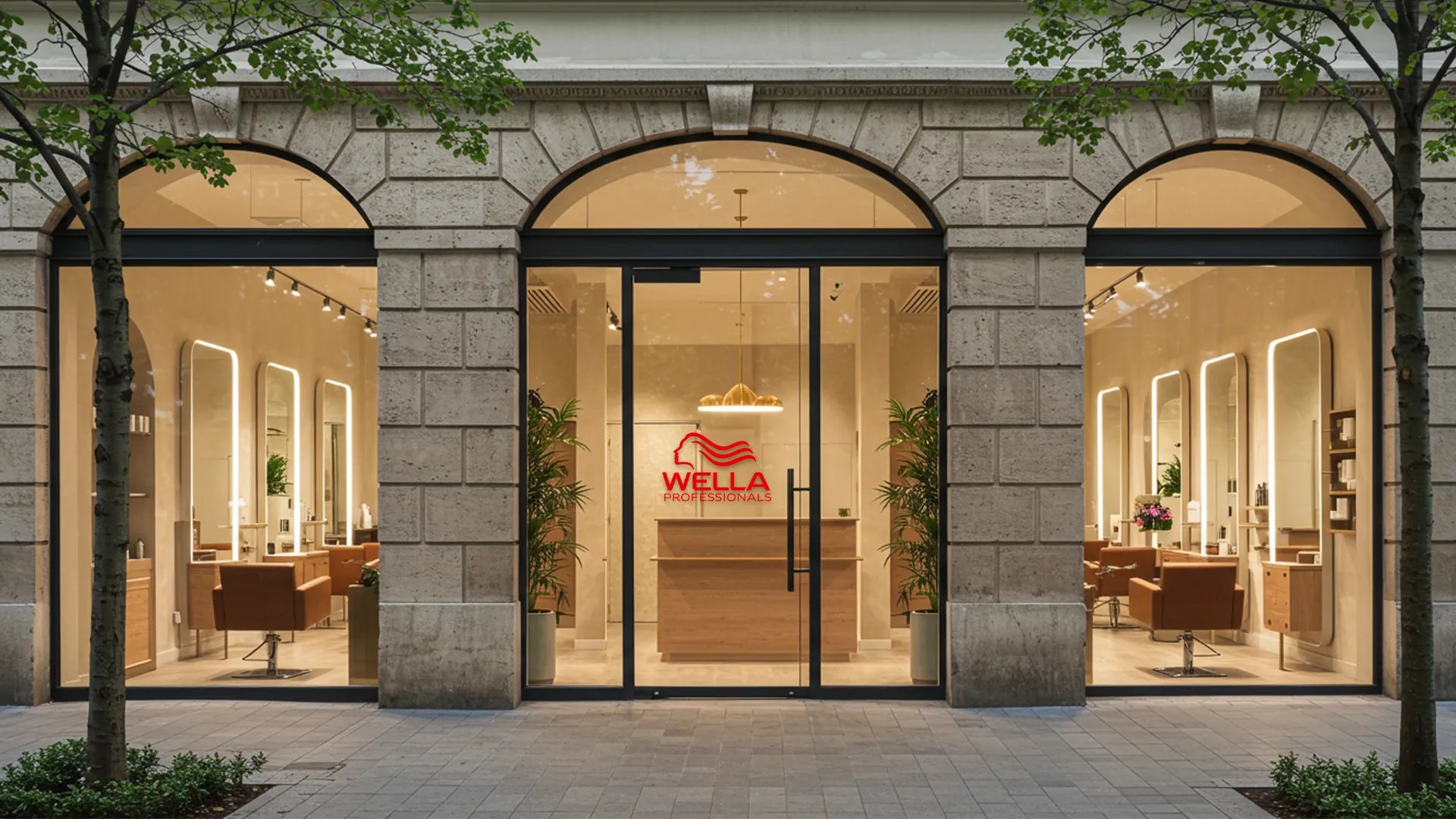 Exterior view of a Wella salon with three arched window bays, revealing the interior styling stations.