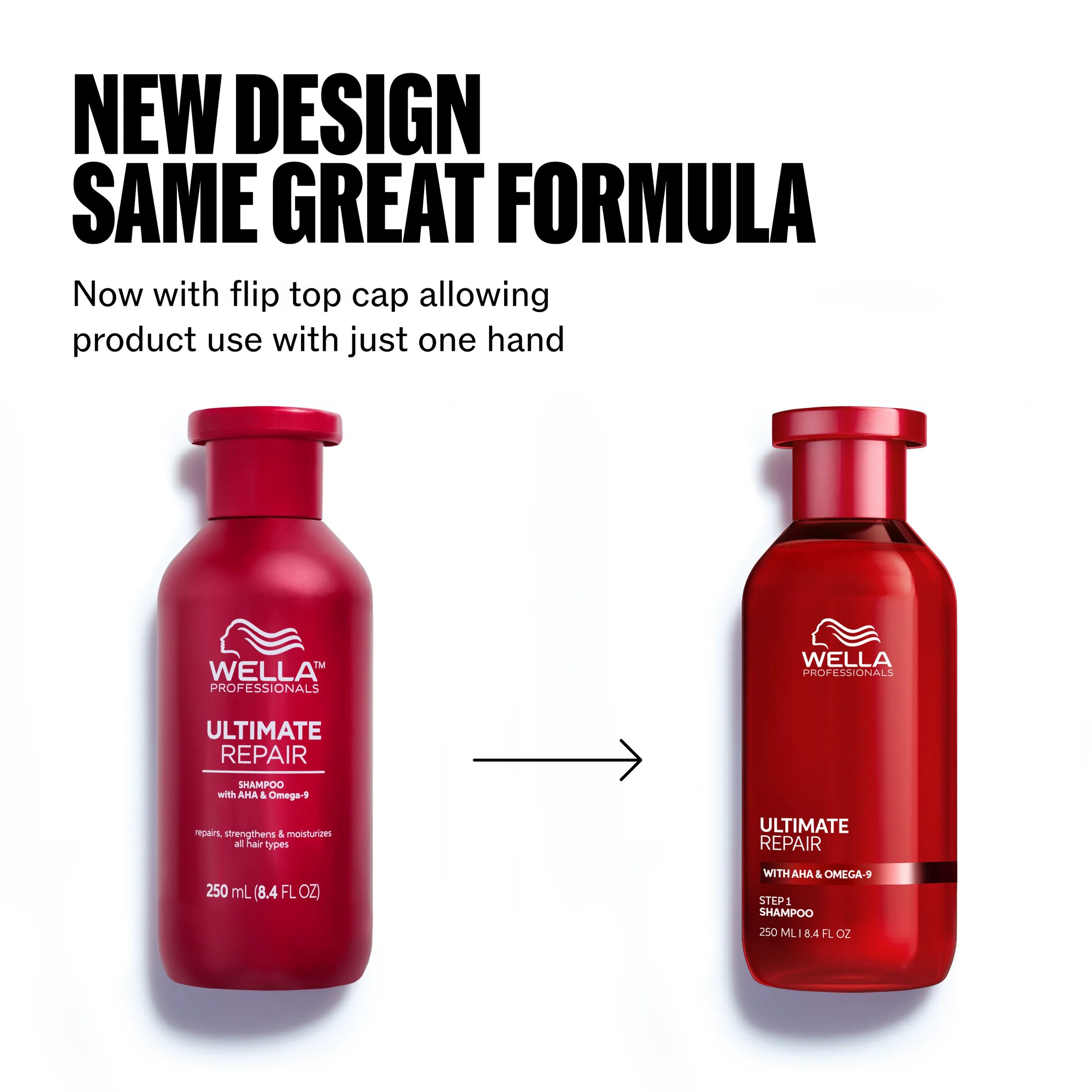 Pack image of Wella Ultimate Repair Shampoo. Shows old packaging and new packaging. Text reads new design same great formula, now with flip top cup allowing product use with just one hand.