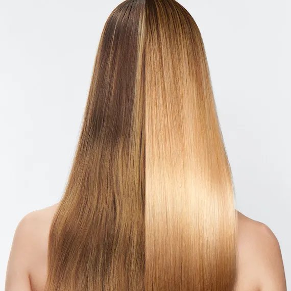 Before and after showing model’s hair transforming from dark blonde to honey blonde with a glass finish.