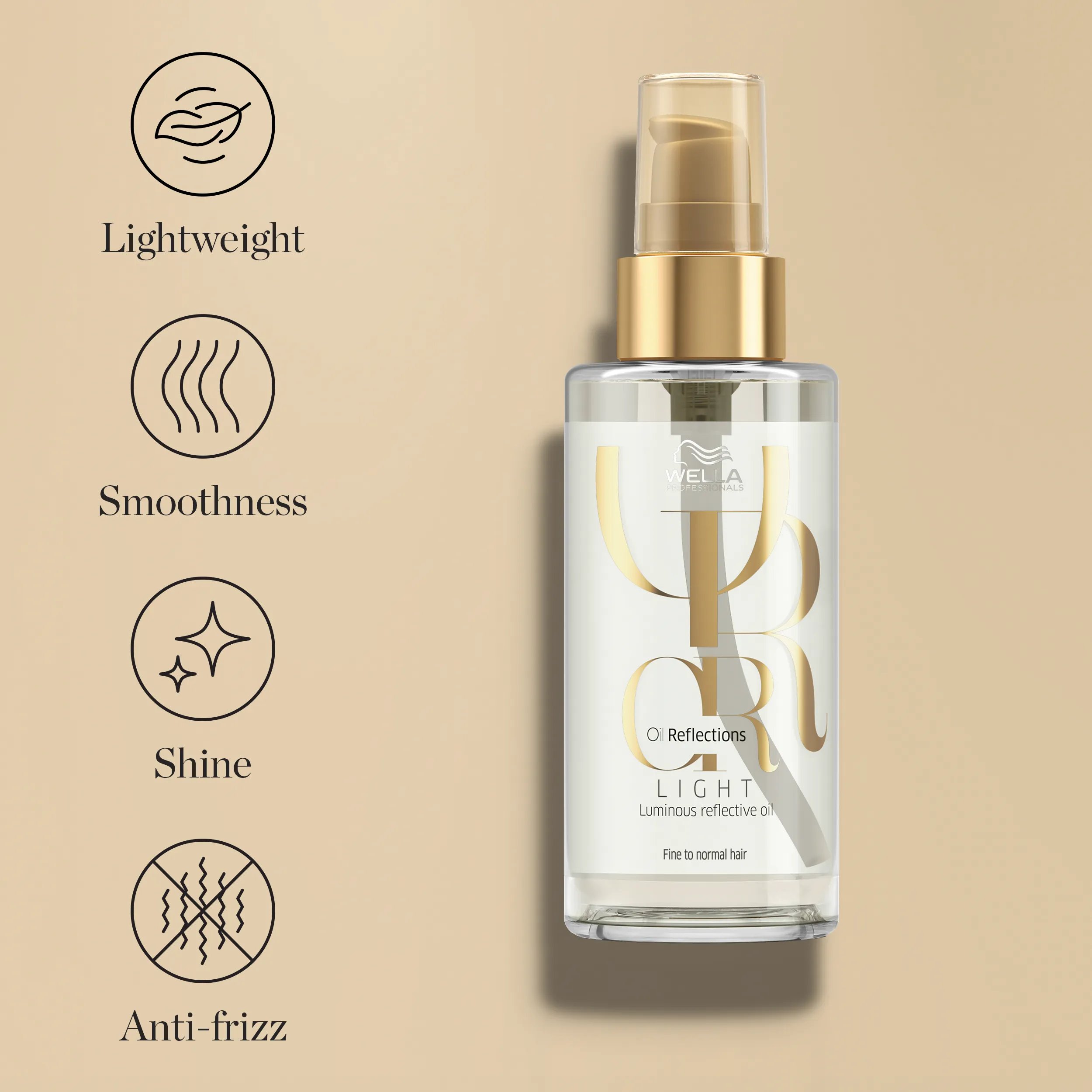 Packshot of Wella Professionals Oil Reflections Light Luminous Reflective Oil. Text reads lightweight, smoothness, shine, anti-frizz.