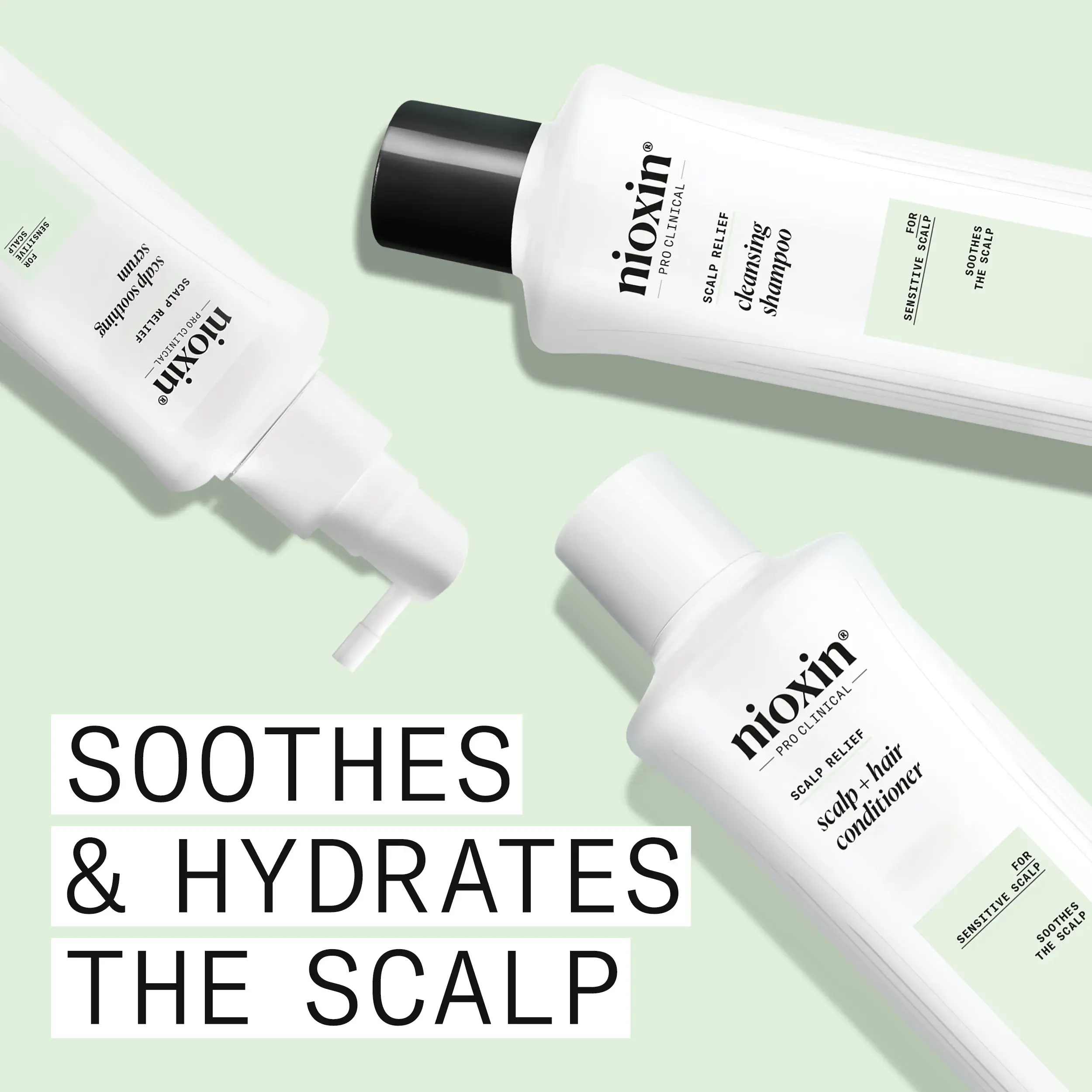 Nioxin Scalp Relief products against mint green with text reading 'soothes and hydrates the scalp'