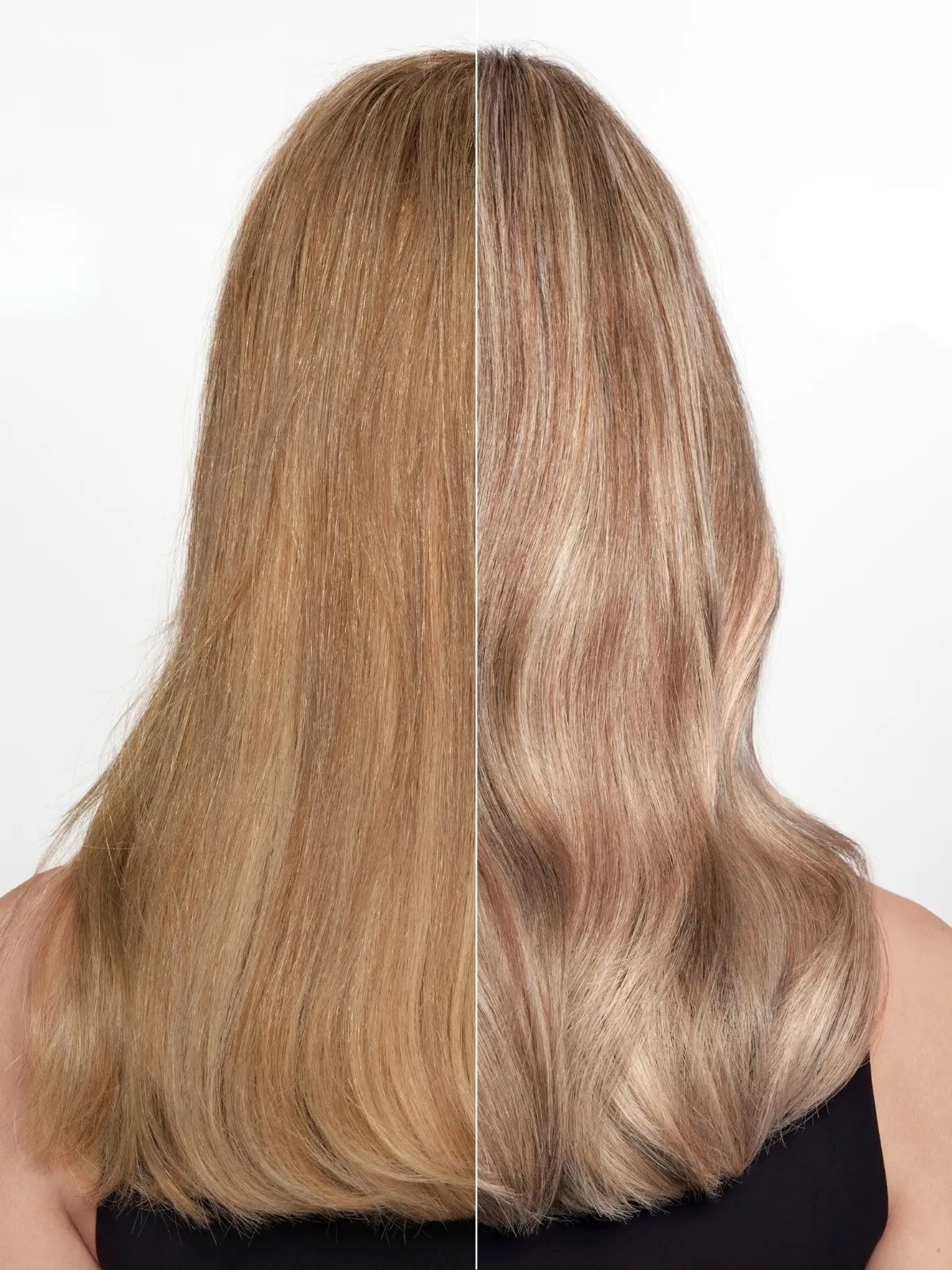 Before and after showing golden blonde hair looking cooler and fresher after using ULTIMATE COLOR.